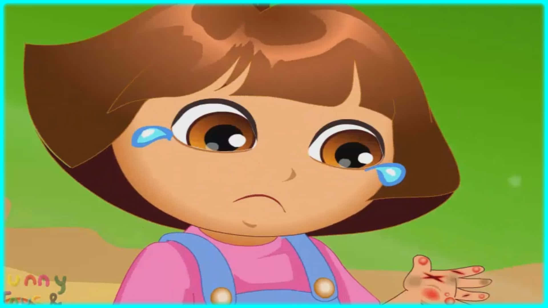 Dora 桌布 壁紙 — 愛探險的Dora在明亮的綠色背景下流著藍色的眼淚，她的手顯示出紅色的抓痕。