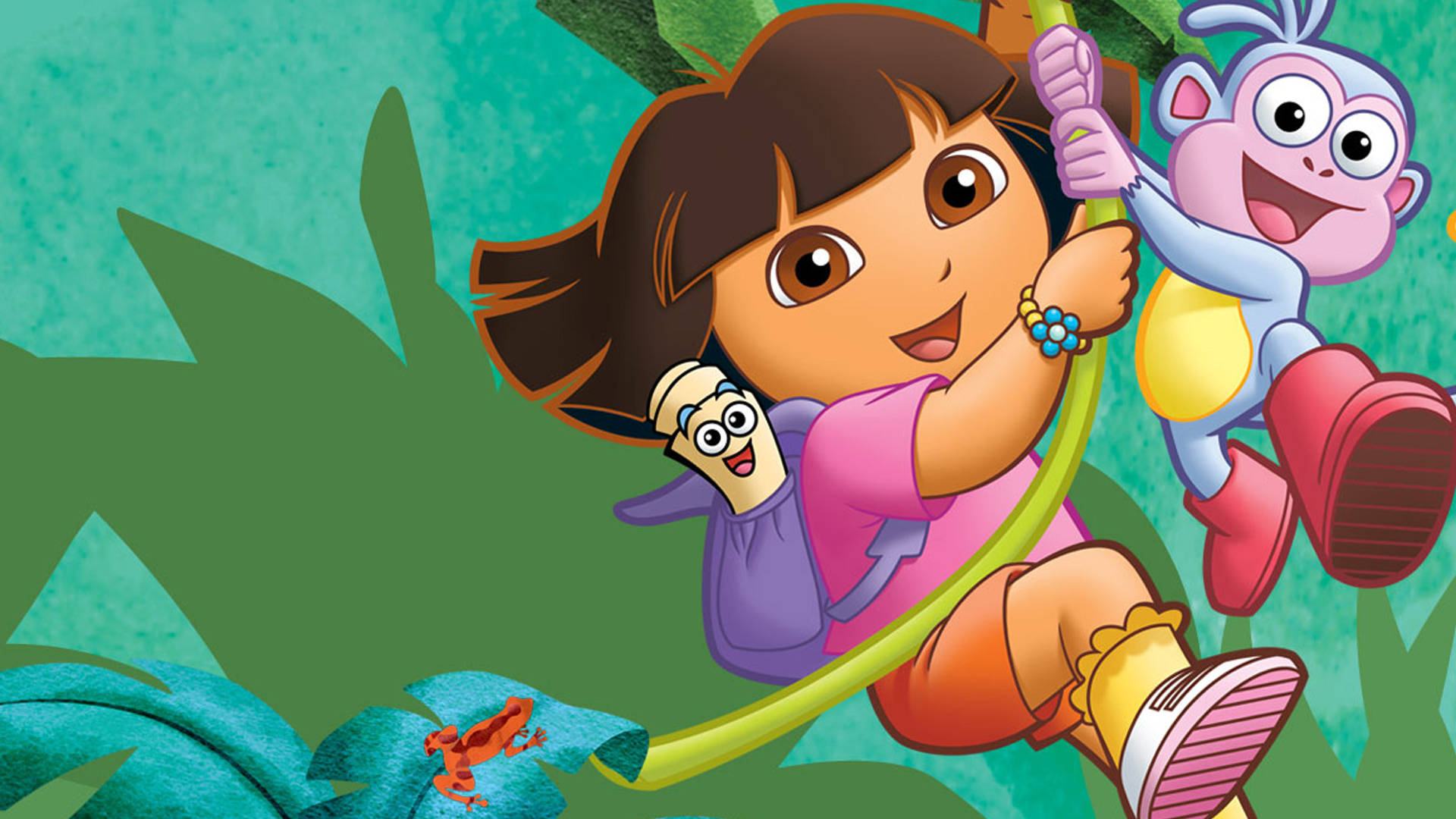 Dora 桌布 壁紙 — 愛探險的Dora在茂密的叢林樹葉間盪來盪去，與她的猴子朋友Boots和背包朋友一起。