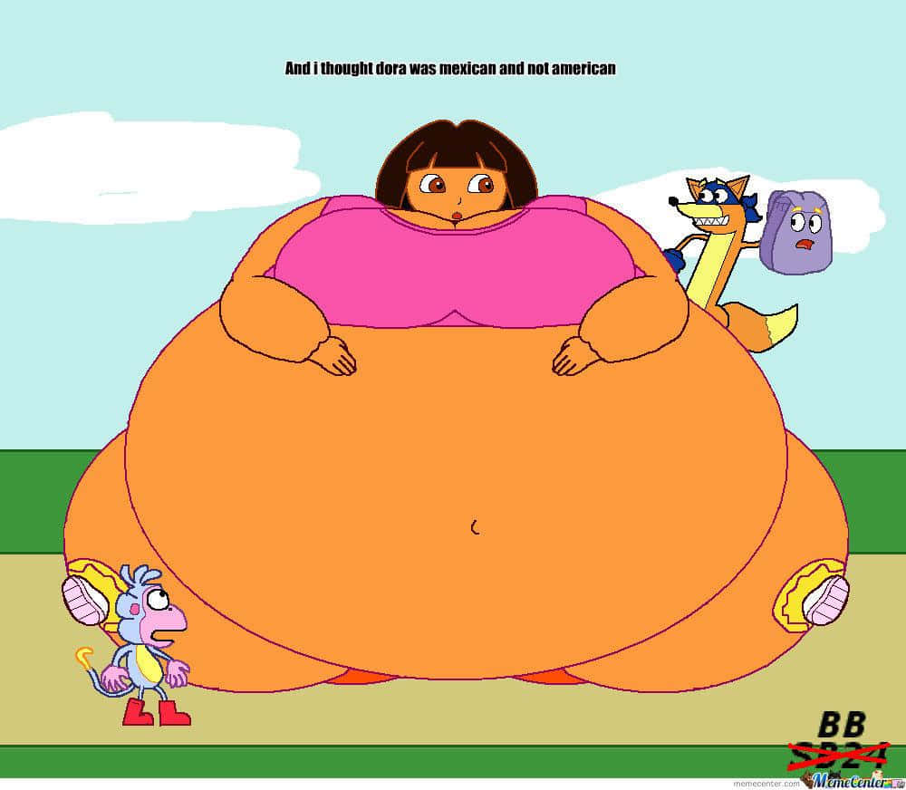 Funny Dora 桌布 壁紙 — 愛探險的Dora被描繪成一個巨大的橙色氣球，她的朋友Boots和Swiper在她旁邊顯得很渺小。