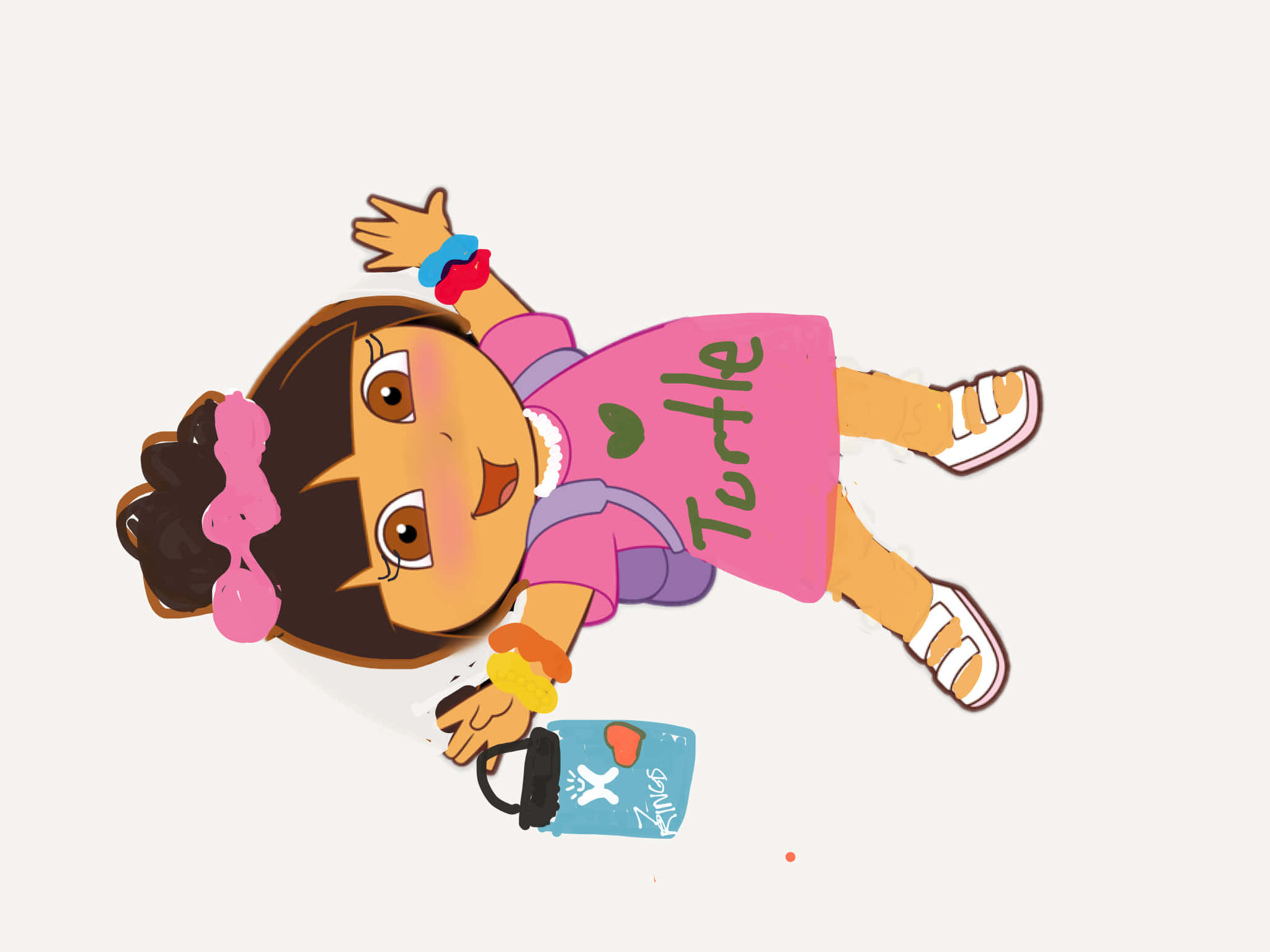 Funny Dora 桌布 壁紙 — 愛探險的朵拉仰臥著，手持一個沾滿油漆的杯子，表情愉快。