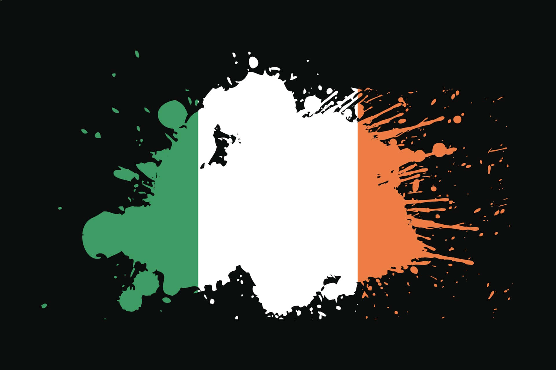 Celtic Irish 桌布 壁紙 — 愛爾蘭國旗以黑色背景上的大膽油漆飛濺呈現，白色條紋中有一個人影輪廓。