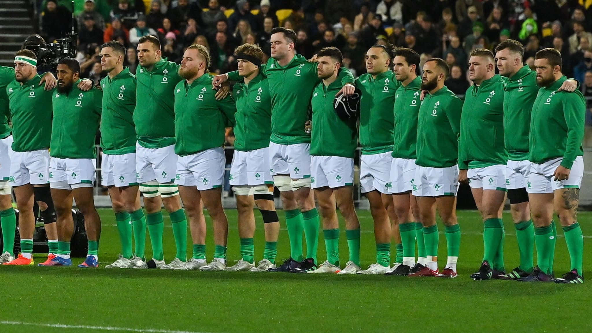Ireland Rugby 桌布 壁紙 — 愛爾蘭橄欖球隊身穿綠色球衣，在球場燈光下肩並肩站在草地上。