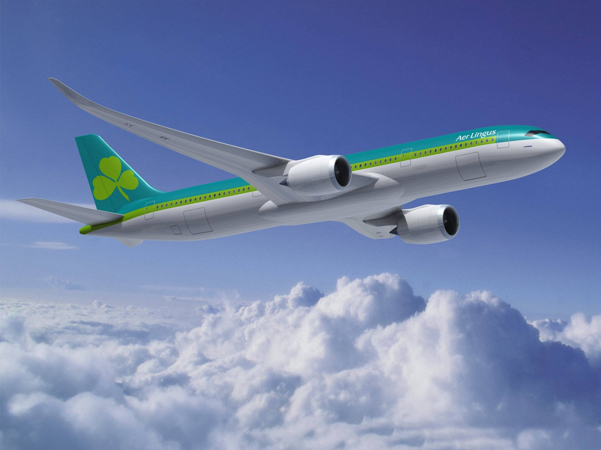 飛機 桌布 壁紙 — 愛爾蘭航空飛機在晴朗藍天下翱翔於蓬鬆白雲之上。