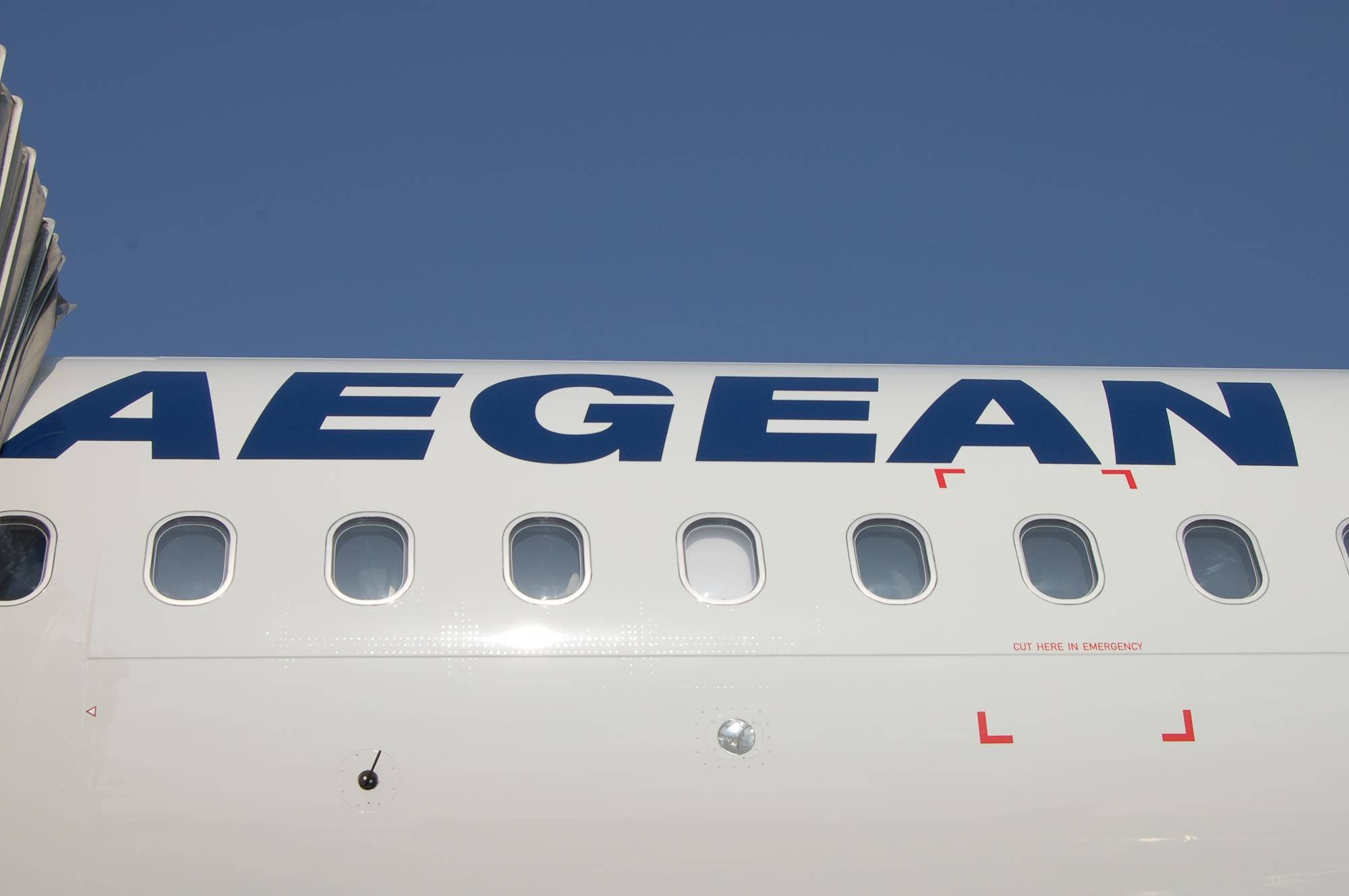 Plane 桌布 壁紙 — 愛琴海航空飛機機身特寫，在晴朗藍天下顯示乘客窗戶和緊急出口標記。