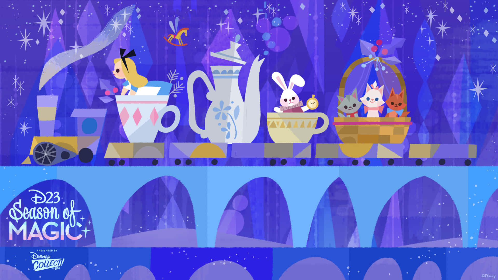 party time 桌布 壁紙 — 愛麗絲和奇幻角色乘坐火車穿越閃爍星空下神奇的紫色茶會景觀。
