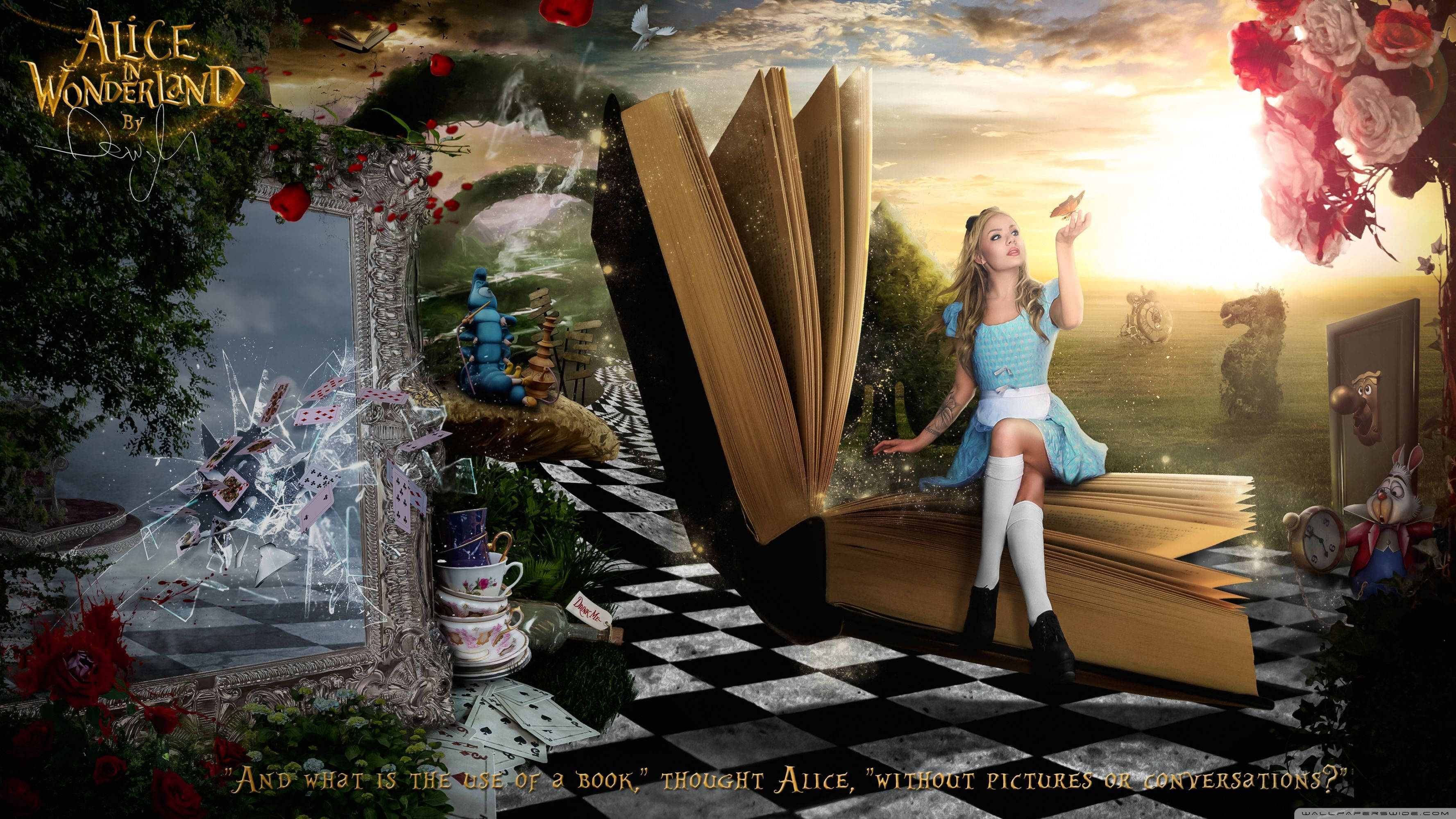 wonderland 桌布 壁紙 — 愛麗絲坐在一本巨大的打開的書上，在一個超現實的仙境中，有棋盤地板、超大的玫瑰和異想天開的角色，在金色的日落天空下。