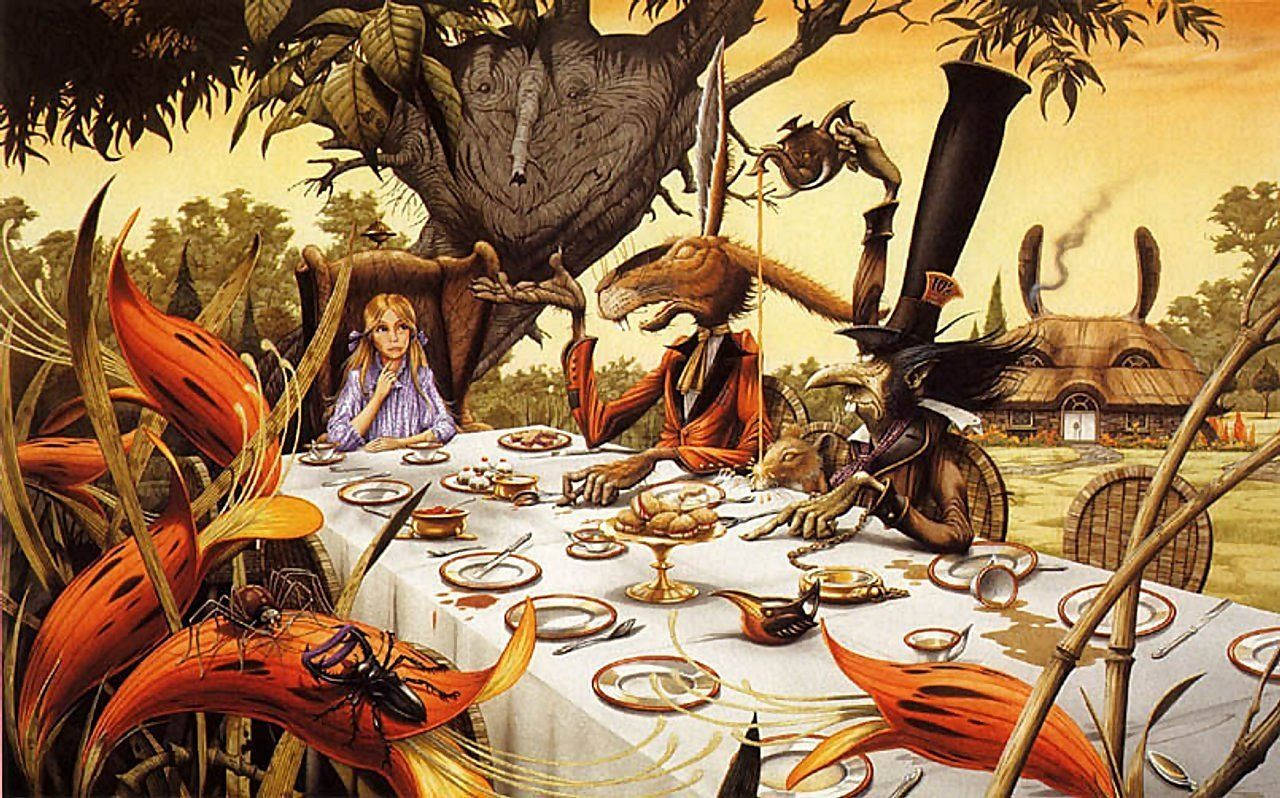 wonderland 桌布 壁紙 — 愛麗絲坐在一棵巨樹下，與擬人化的生物在奇幻森林中舉行超現實的茶會。