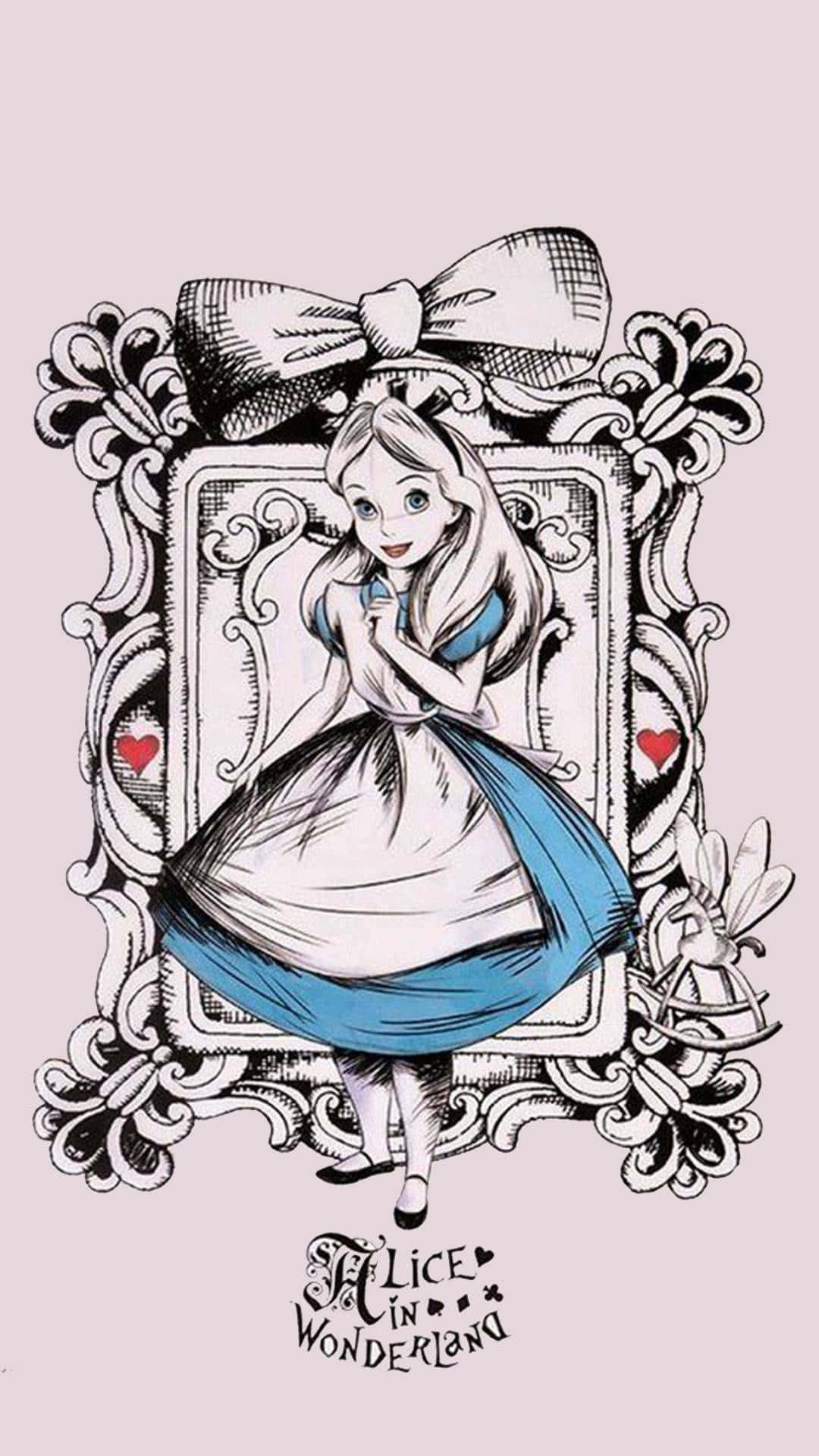 Alice Wonderland Aesthetic 桌布 壁紙 — 愛麗絲夢遊仙境，鑲嵌在華麗的黑白邊框內，藍色裙子，紅色心形，淺粉紅色背景。