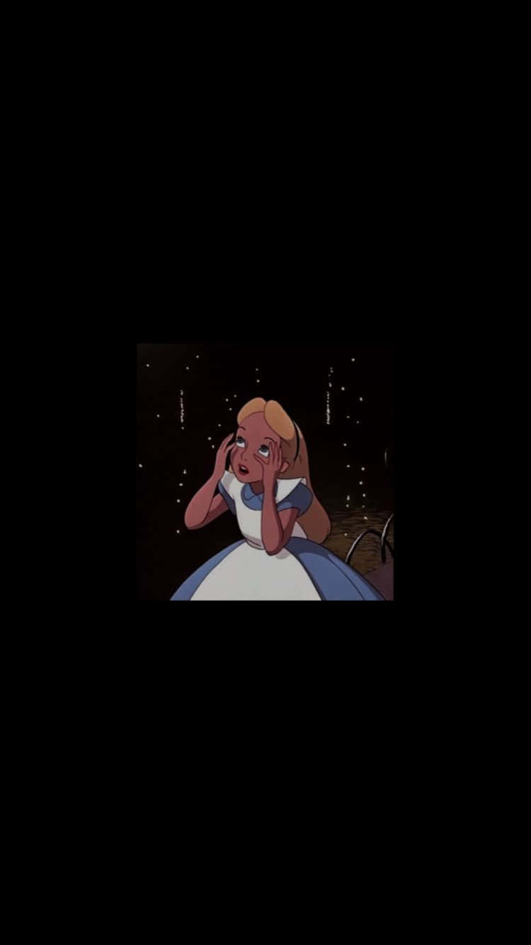Dark Aesthetic Cartoon 桌布 壁紙 — 愛麗絲夢遊仙境在黑暗背景下，痛苦地抓著頭，周圍有發光的粒子。