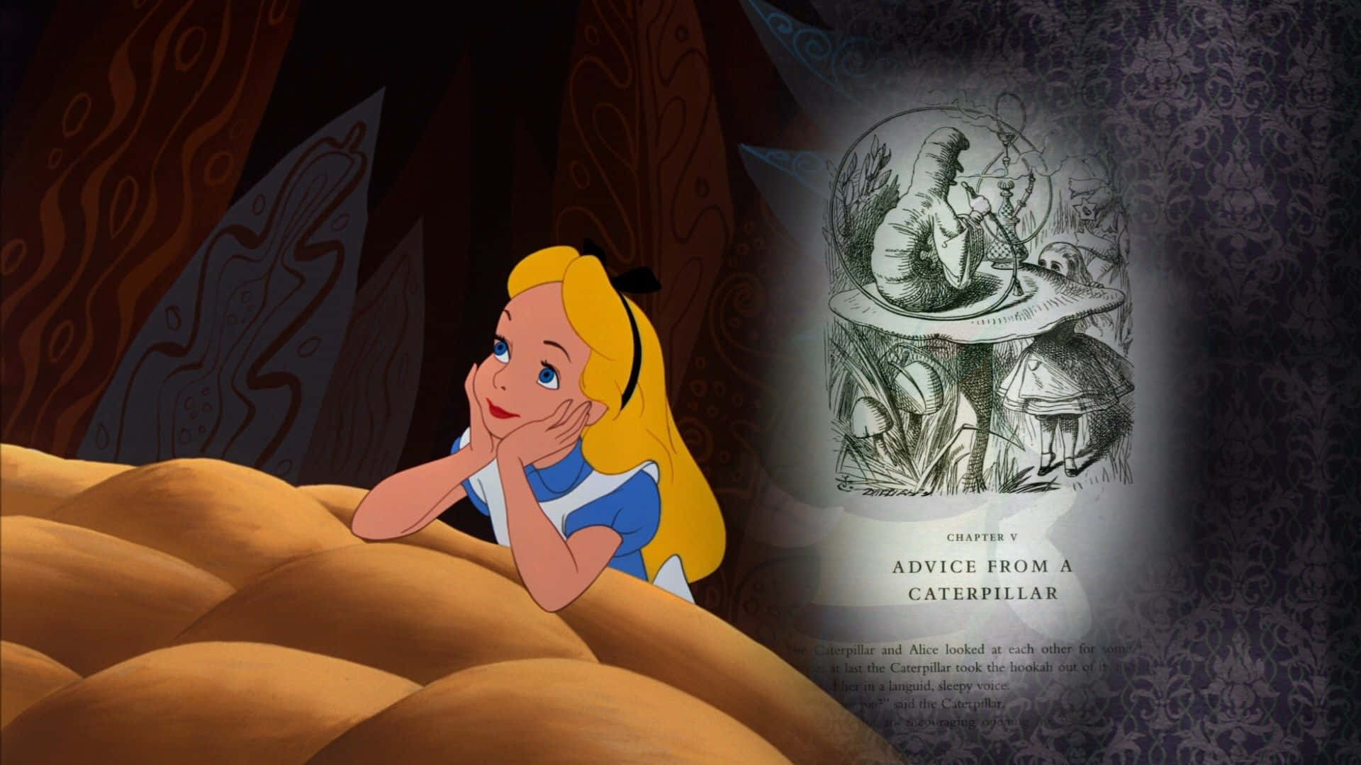 Alice Wonderland Aesthetic 桌布 壁紙 — 愛麗絲夢遊仙境沉思地躺在金色枕頭上，旁邊是一本發光的書頁，上面顯示著毛毛蟲。