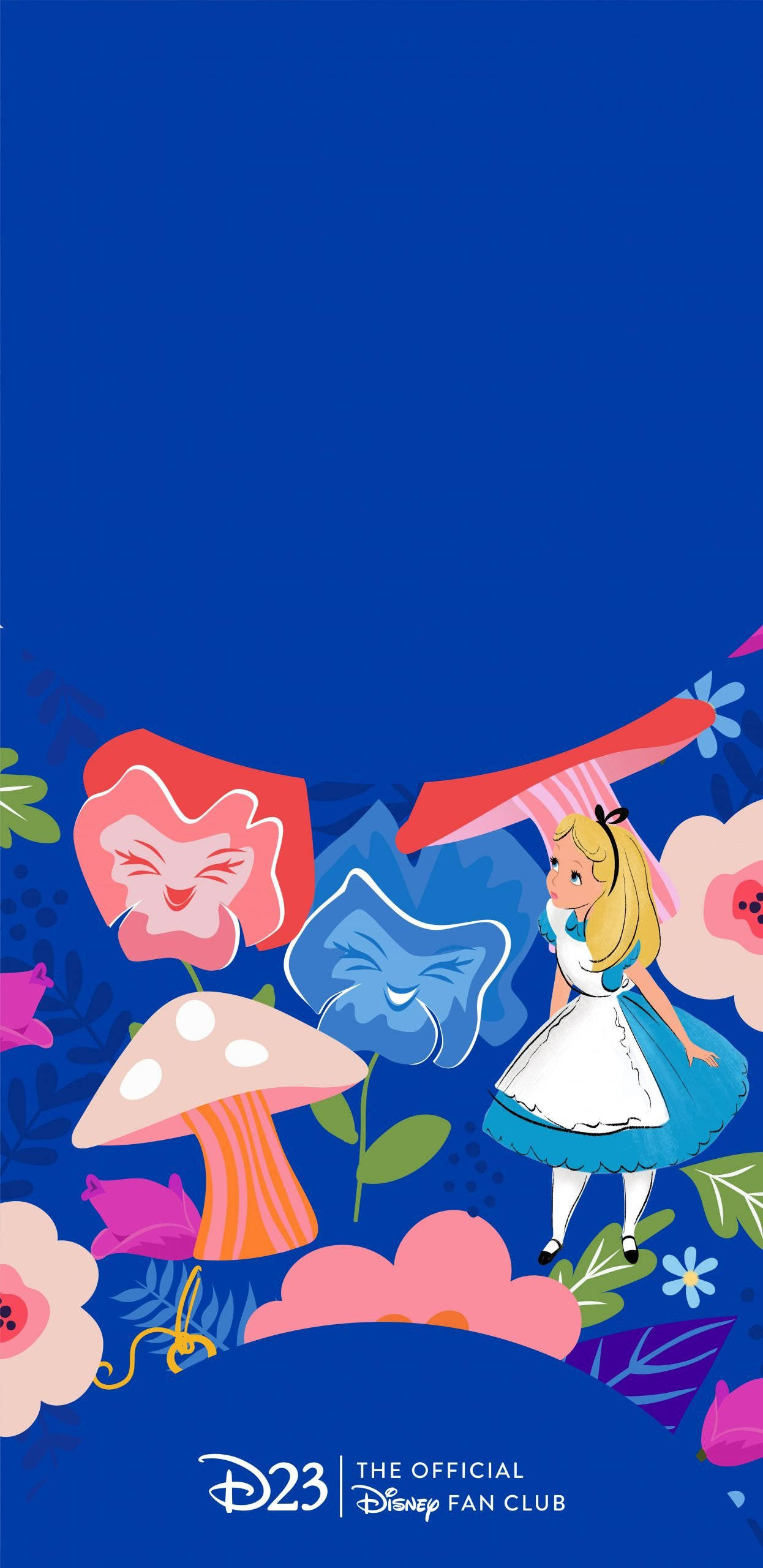 Alice In Wonderland Phone 桌布 壁紙 — 愛麗絲夢遊仙境站在微笑的花朵和蘑菇之間，在深藍色的天空下。