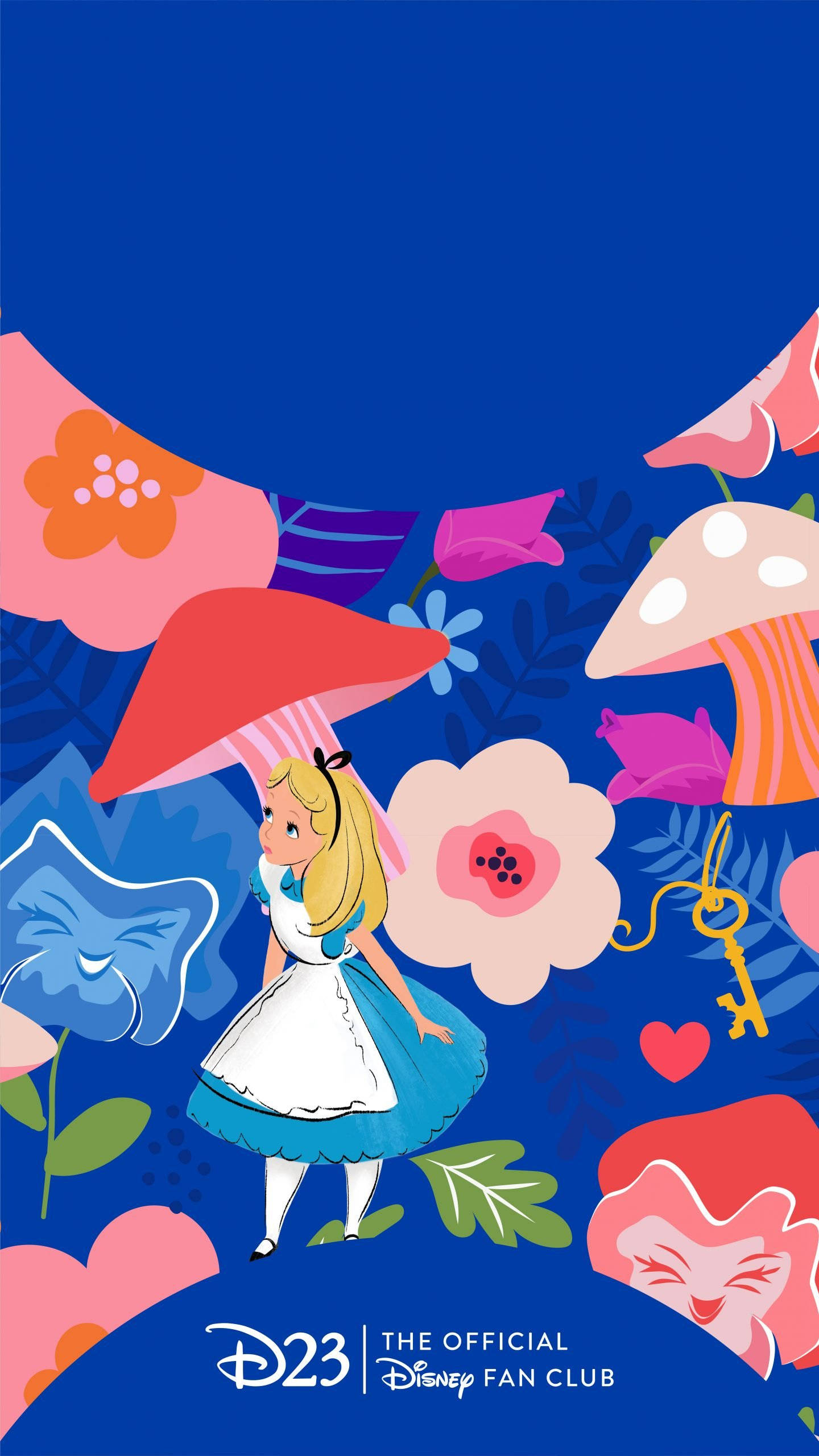 Alice In Wonderland Phone 桌布 壁紙 — 愛麗絲夢遊仙境站在深藍色天空下，置身於超大型色彩繽紛的花朵和蘑菇之中。