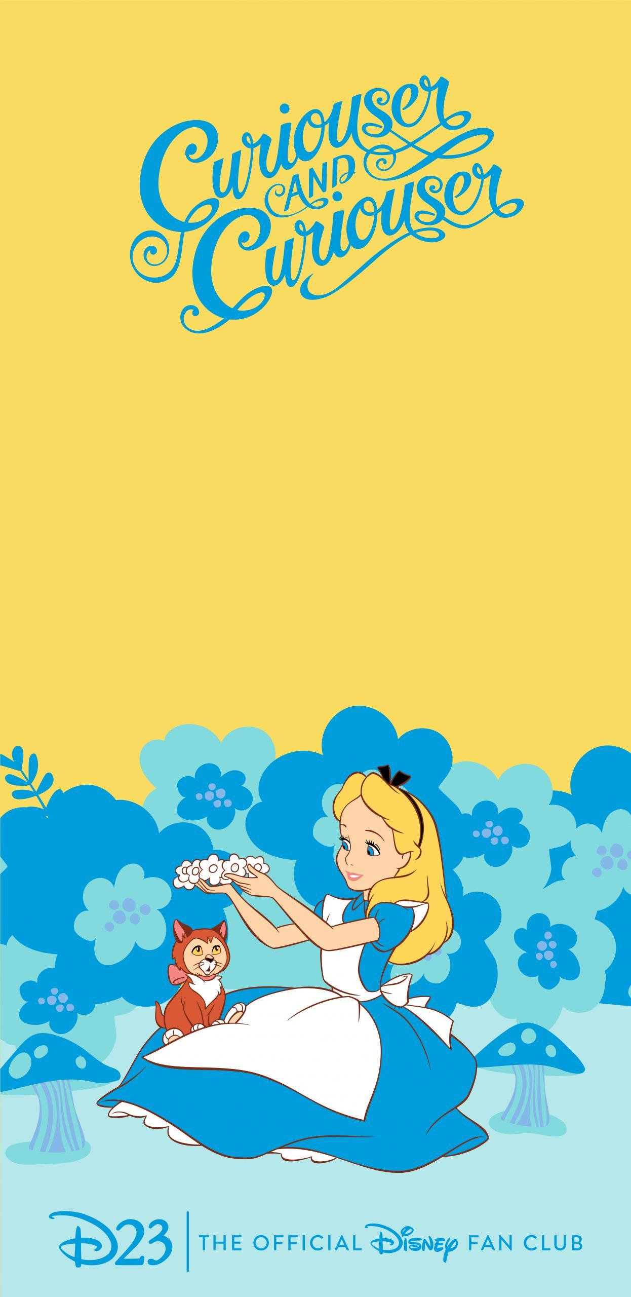 Alice In Wonderland Phone 桌布 壁紙 — 愛麗絲夢遊仙境與一隻紅貓坐在藍色花朵和蘑菇之間，黃色天空上寫著「Curiouser and Curiouser」文字。