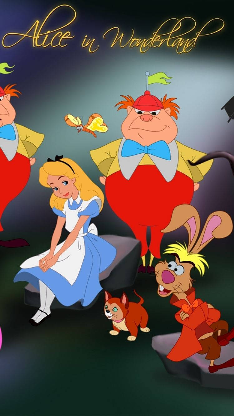 Alice In Wonderland Phone 桌布 壁紙 — 愛麗絲夢遊仙境角色，包括愛麗絲、白兔和毛毛蟲，在奇幻黑暗的場景中。
