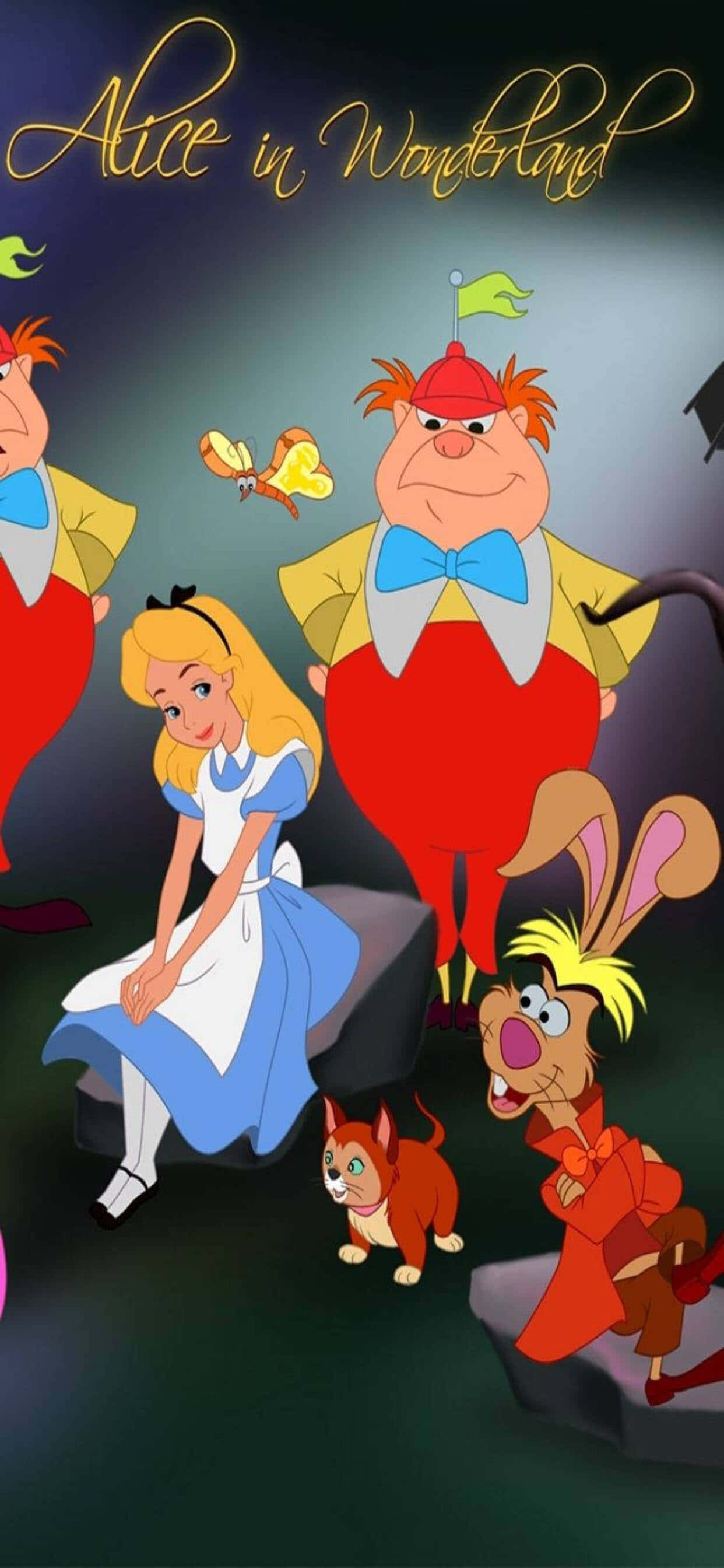 iPhone Xs Max Disney 桌布 壁紙 — 愛麗絲夢遊仙境角色，包括柴郡貓和瘋帽匠，在異想天開的動畫場景中。