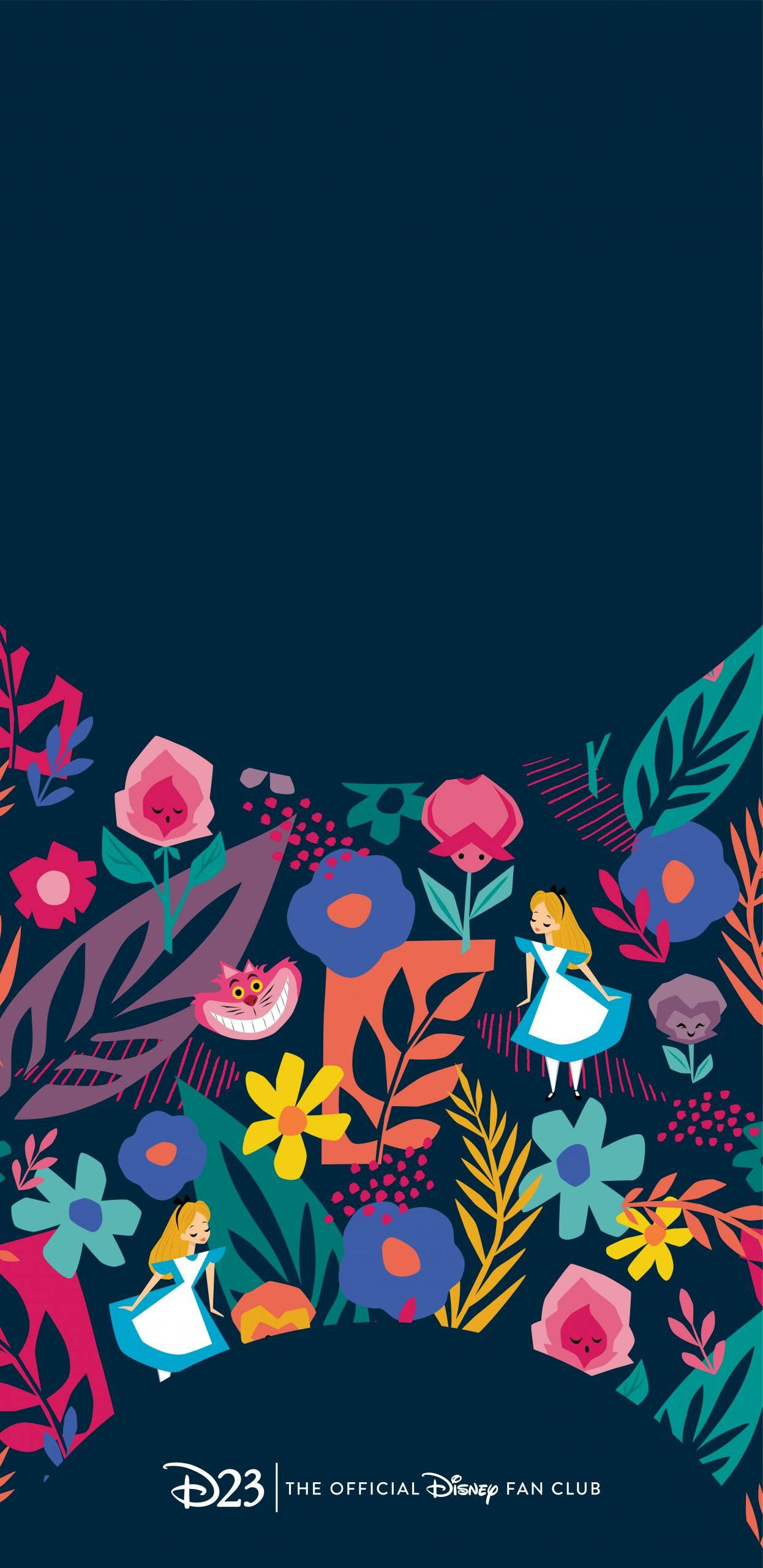 Alice In Wonderland Phone 桌布 壁紙 — 愛麗絲夢遊仙境角色如愛麗絲和柴郡貓從鮮豔的花卉邊框中浮現，背景是深海軍藍色。