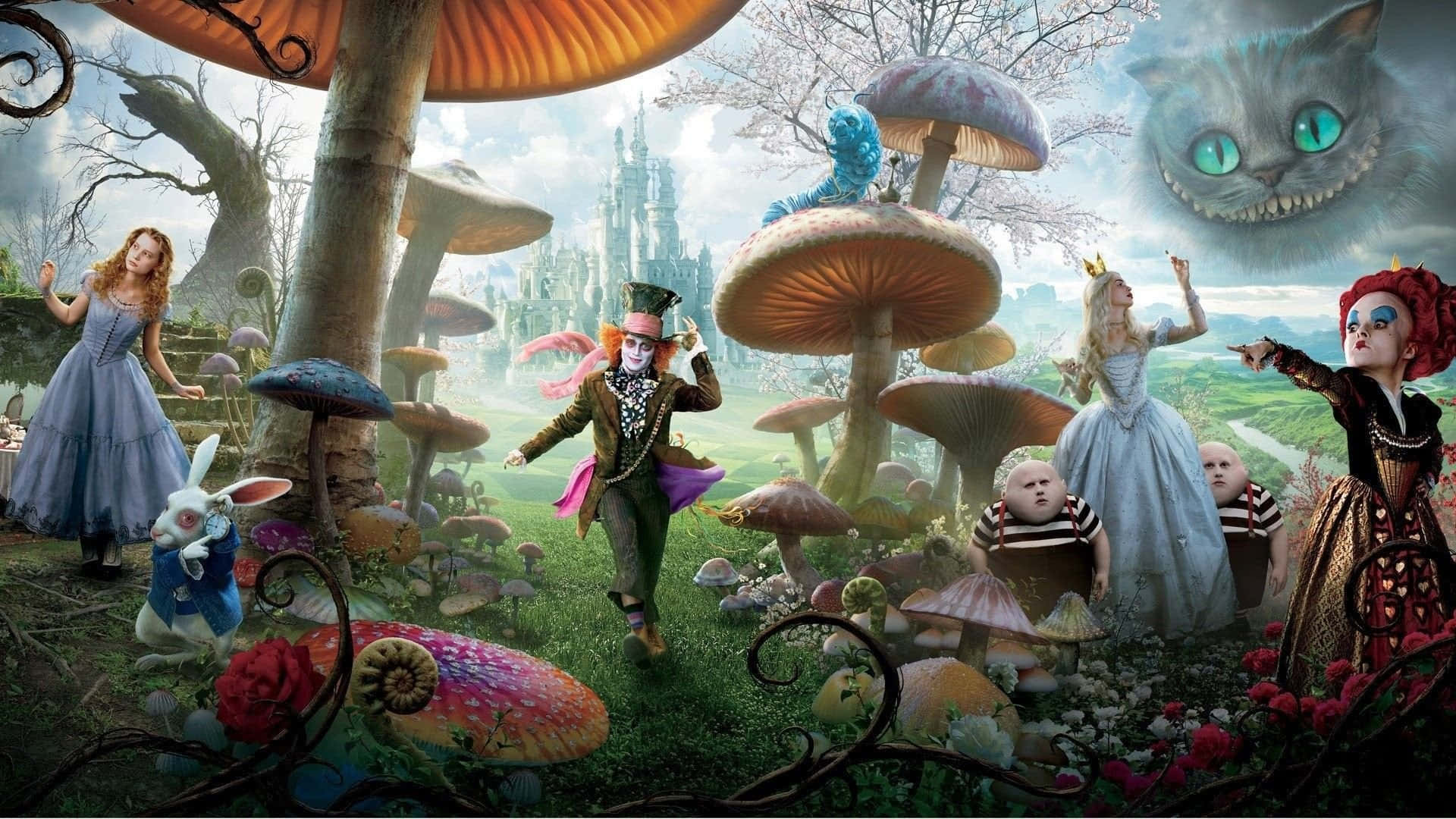 Alice Wonderland Aesthetic 桌布 壁紙 — 愛麗絲夢遊仙境角色聚集在一個充滿巨型蘑菇和漂浮的柴郡貓的奇幻森林中。