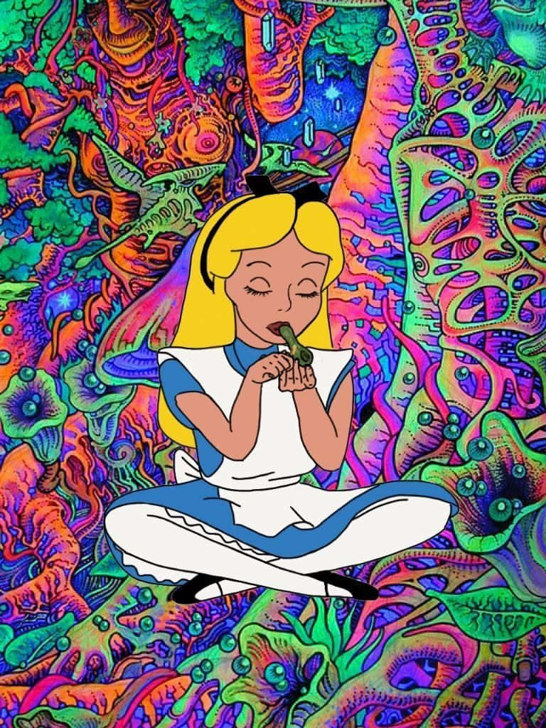 Cute Stoner 桌布 壁紙 — 愛麗絲盤腿坐在迷幻森林中，閉著眼睛，吹著哨子，周圍是發光的超現實植物。