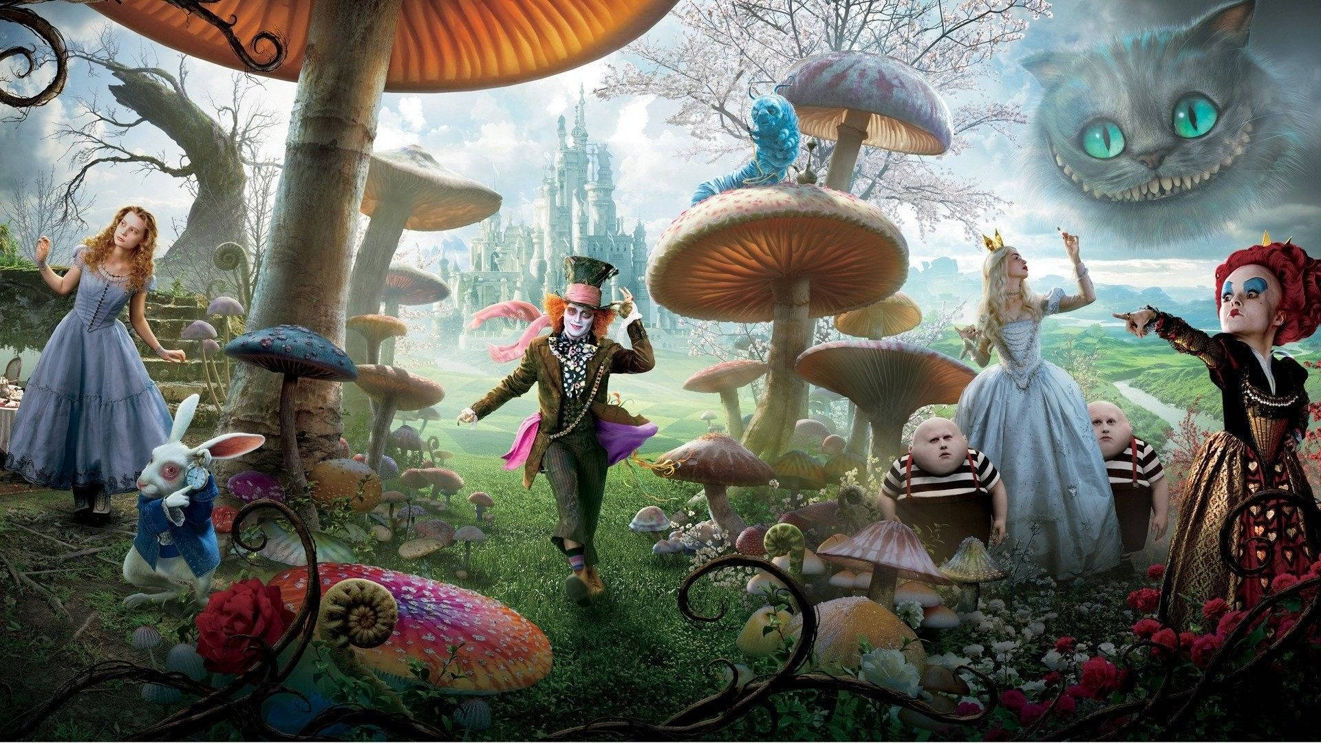 wonderland 桌布 壁紙 — 愛麗絲與仙境角色聚集在一個超現實的森林中，有巨大的彩色蘑菇，天空奇幻。