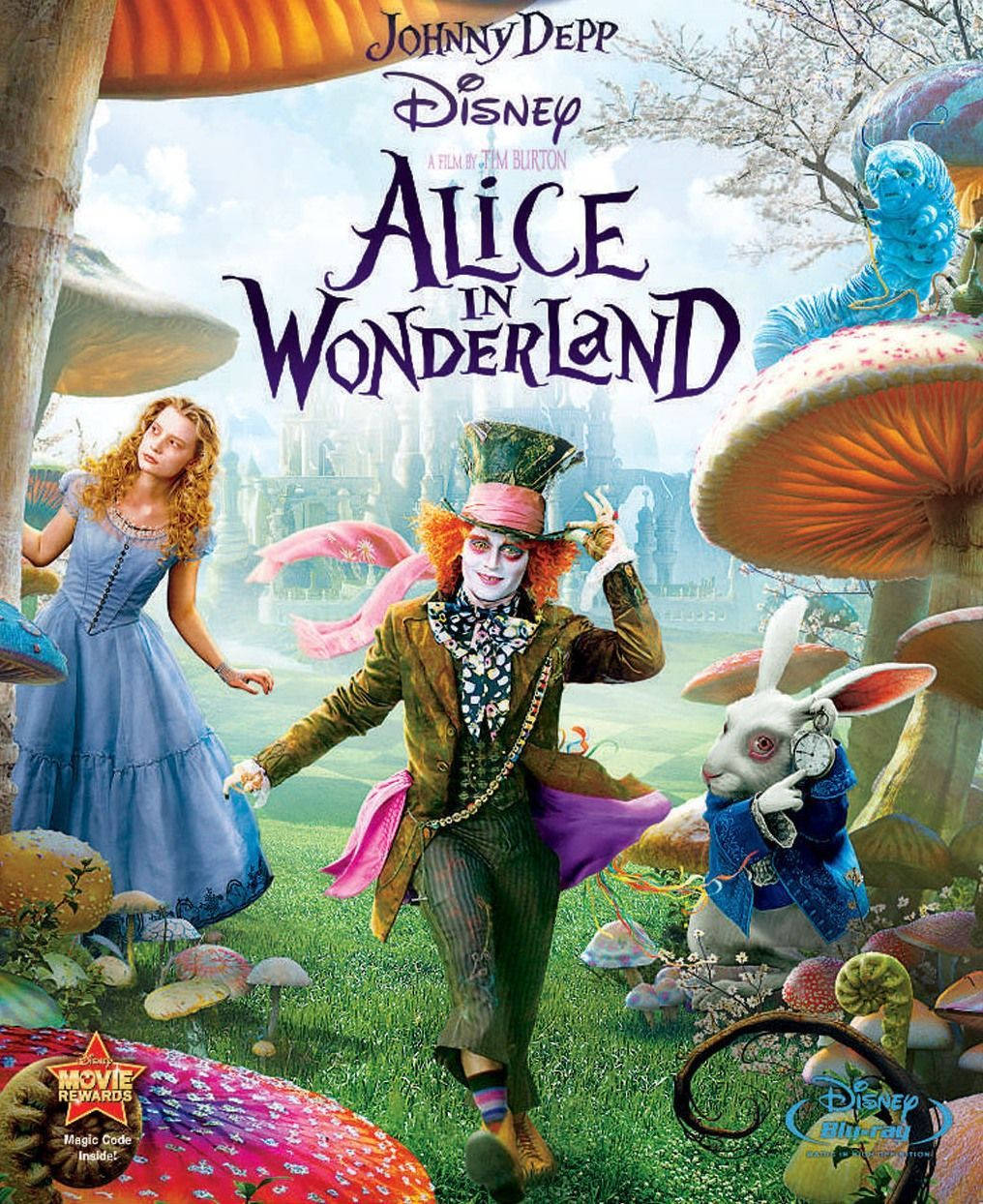 Alice In Wonderland Phone 桌布 壁紙 — 愛麗絲與瘋帽匠站在奇幻風景中，周圍是巨大的彩色蘑菇。
