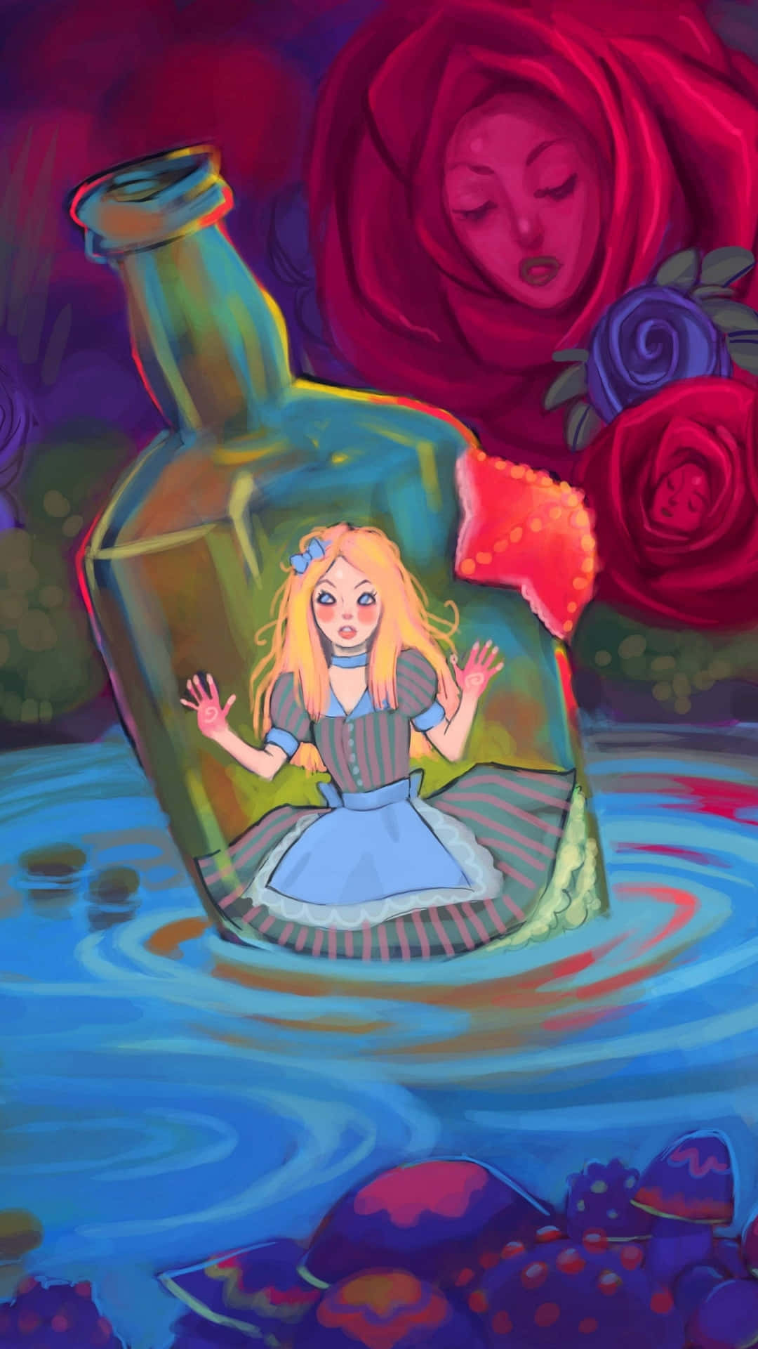 Alice Wonderland Aesthetic 桌布 壁紙 — 愛麗絲被困在玻璃瓶中，漂浮在超現實的水中，背後有一朵巨大的紅玫瑰和一個幽靈般的面孔。