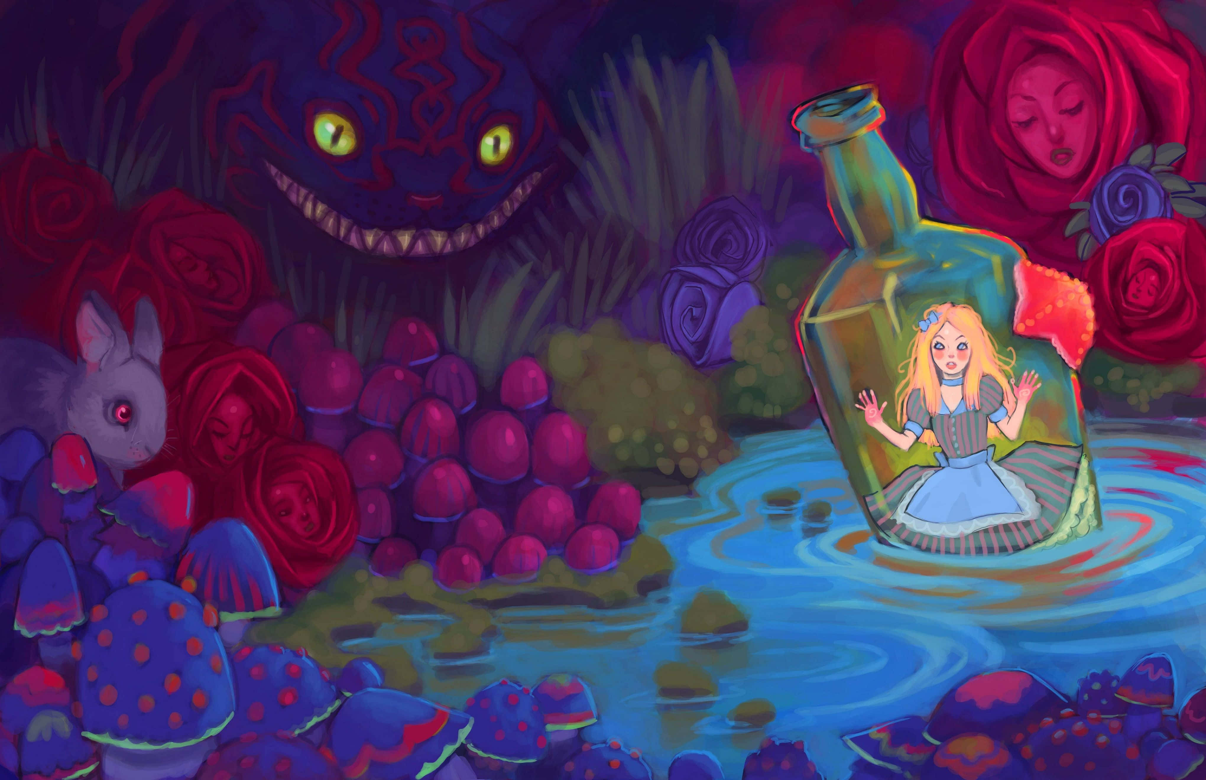 Alice Wonderland Aesthetic 桌布 壁紙 — 愛麗絲被困在瓶子裡，漂浮在一個超現實的森林中，周圍有發光的眼睛和玫瑰頭生物。