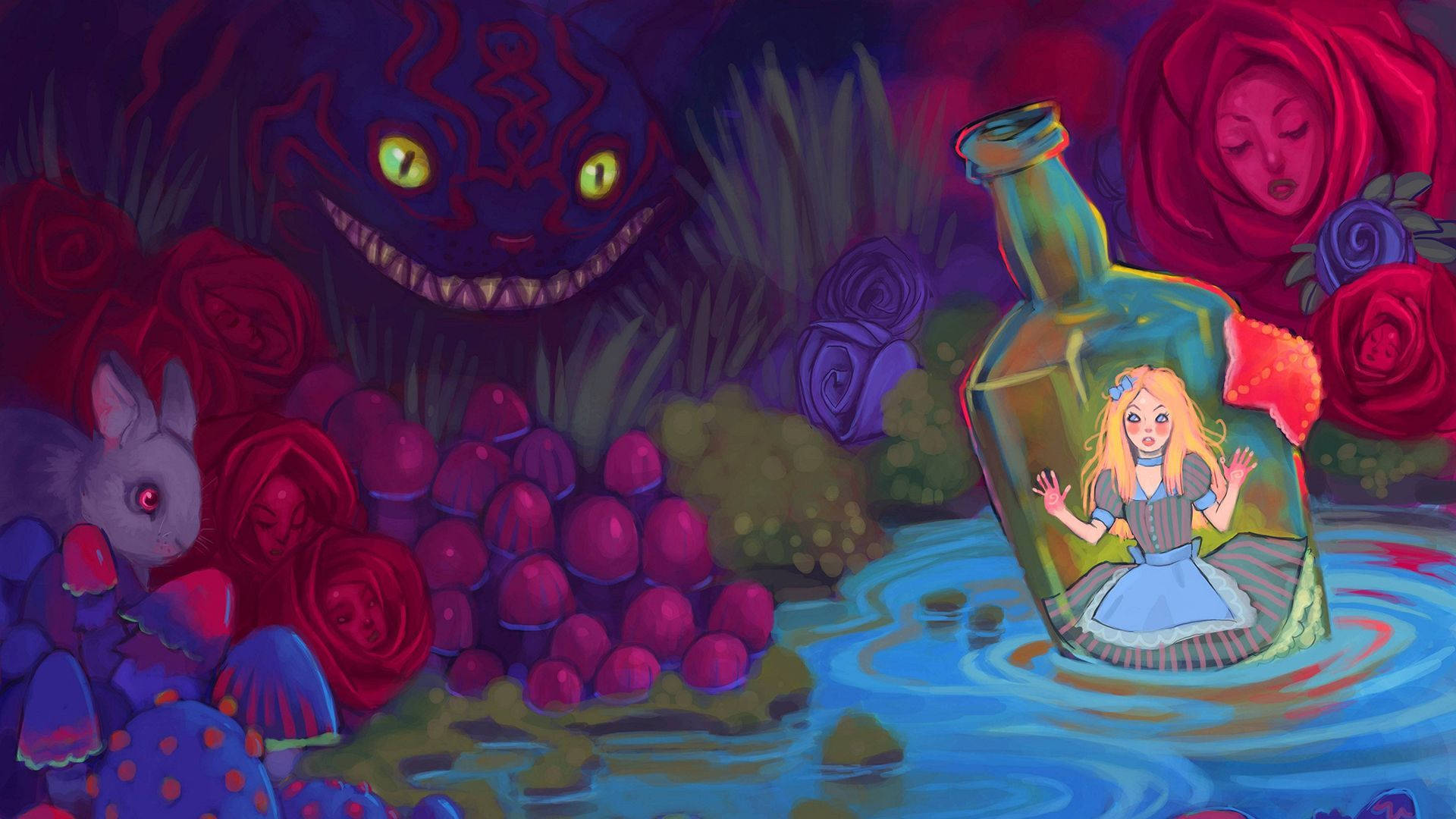 wonderland 桌布 壁紙 — 愛麗絲被困在瓶子裡漂浮在水面上，周圍環繞著巨大的玫瑰和一隻眼睛發光的紫色可怕生物。