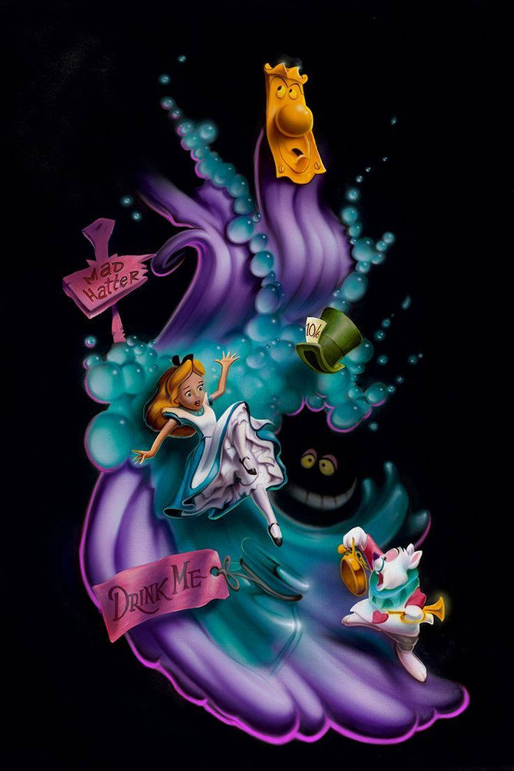 wonderland 桌布 壁紙 — 愛麗絲跌入一個旋轉的紫色和藍綠色漩渦，瘋帽子的帽子和一個「喝我」的標誌在她周圍漂浮。