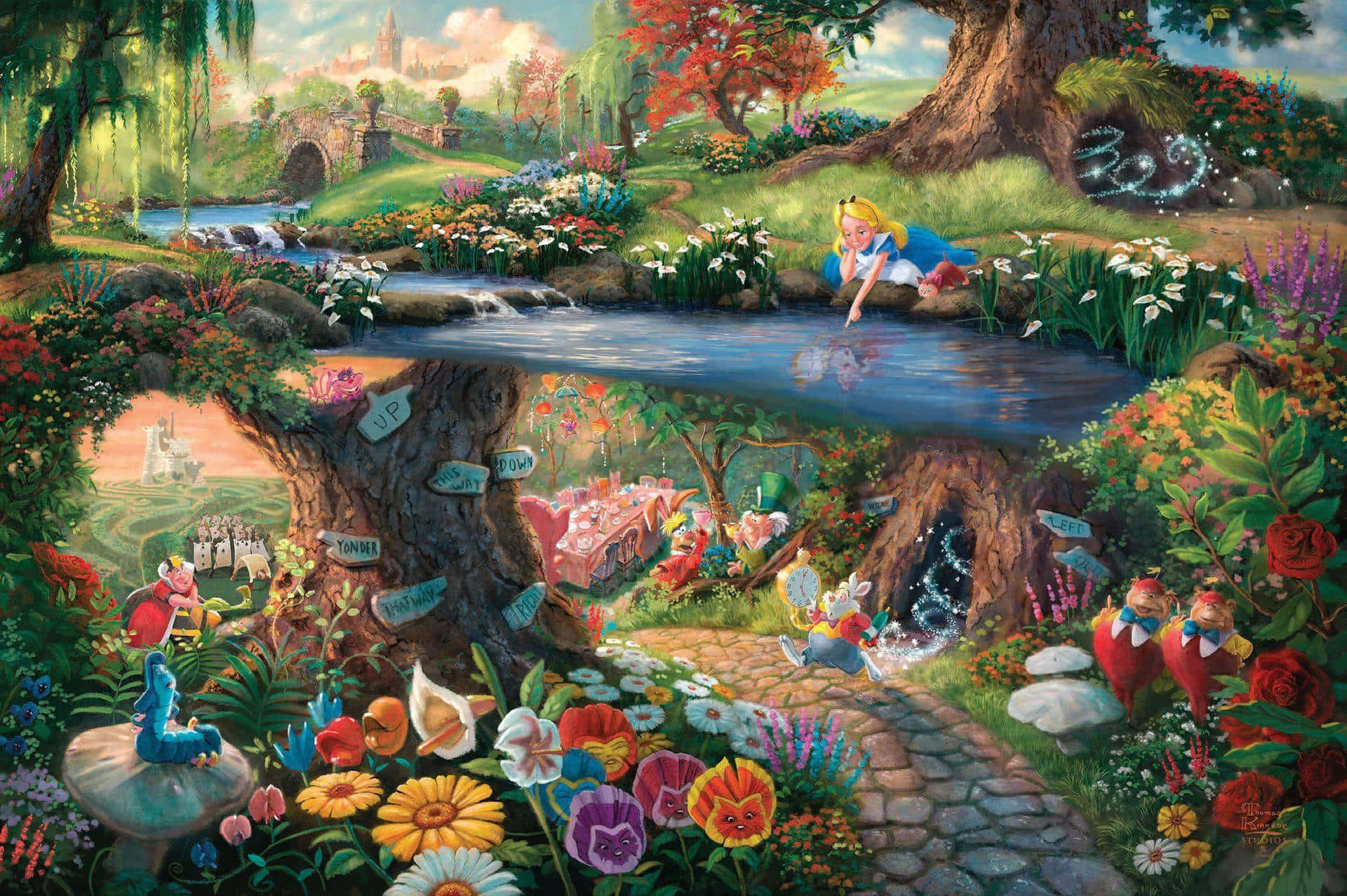 Alice Wonderland Aesthetic 桌布 壁紙 — 愛麗絲躺在一條河邊，身處一個充滿活力的魔法森林，奇特的生物和超大的花朵在一棵巨樹下茁壯成長。