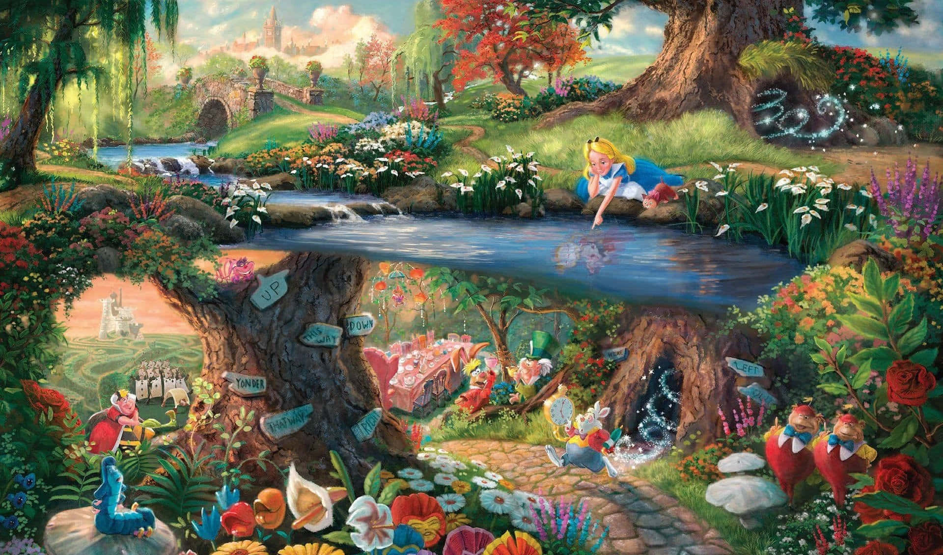 愛麗絲在河邊休息，身處一個魔法森林，一棵裂開的樹露出仙境的場景。 — 愛麗絲夢遊仙境 壁紙