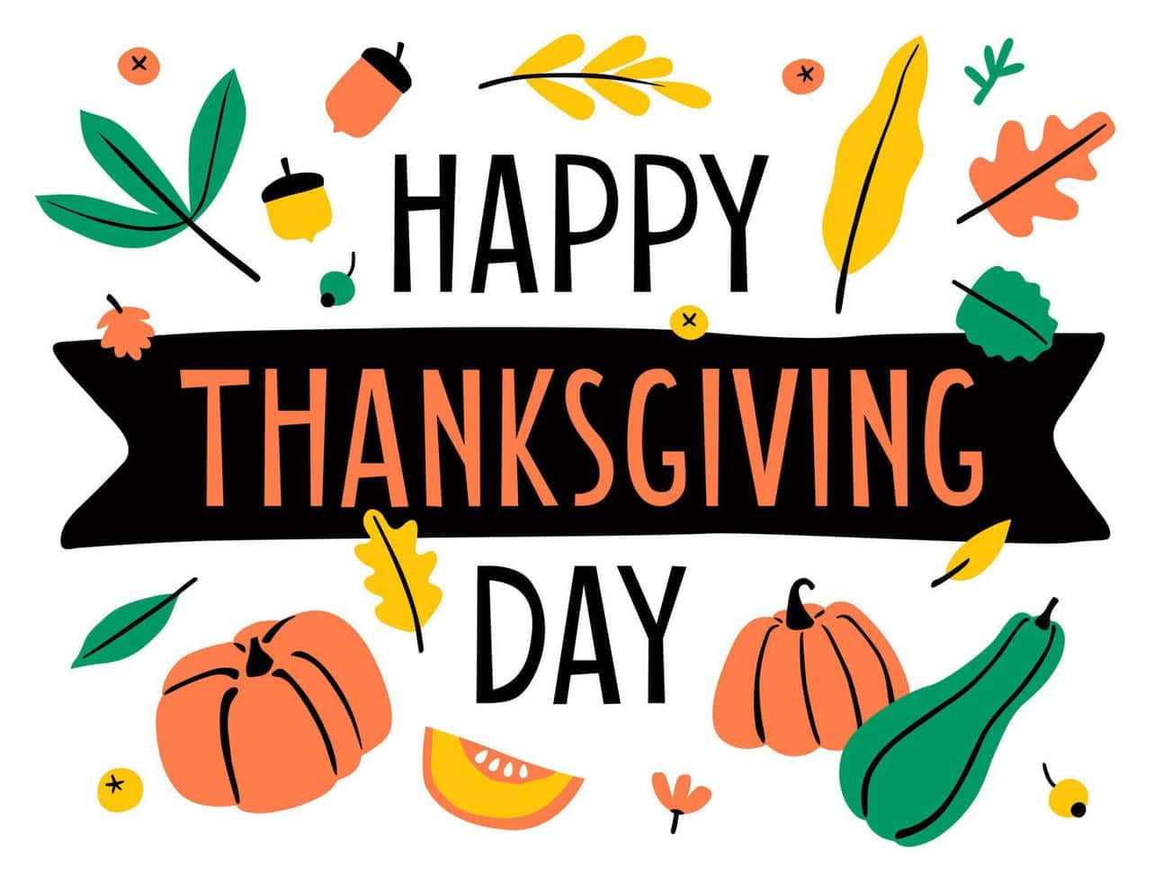 Fall Thanksgiving 桌布 壁紙 — 感恩節快樂橫幅，採用大膽色彩扁平設計，包含南瓜、樹葉和橡果。