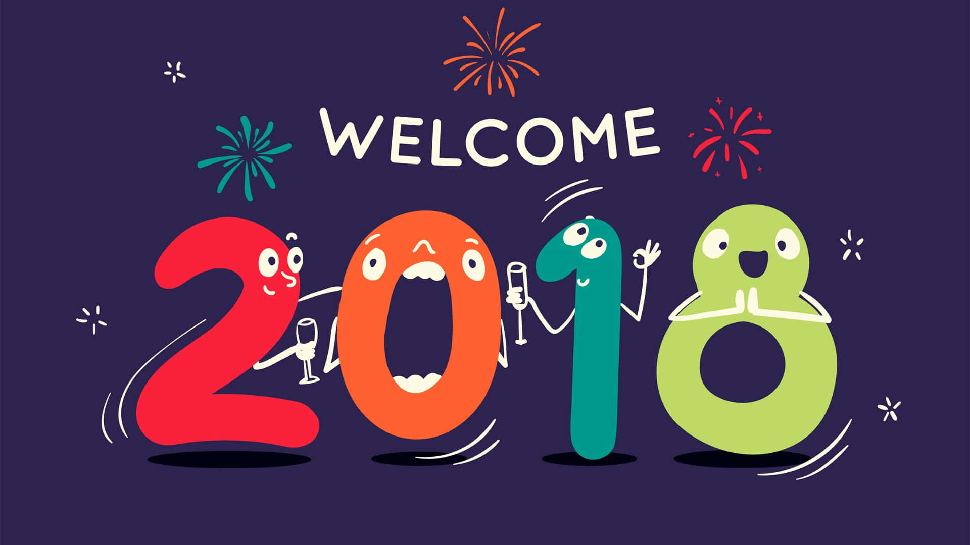 2018 桌布 壁紙 — 慶祝卡通數字2018，帶有面孔和香檳杯，背景為深紫色並有煙火。