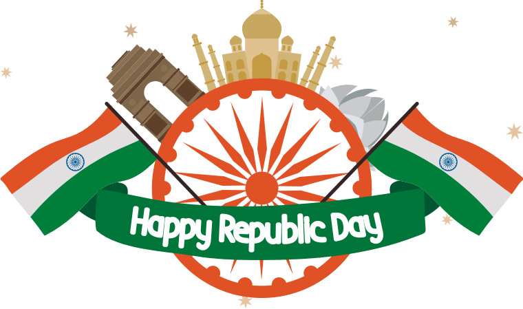 Clip Art 桌布 壁紙 — 慶祝印度共和國的節日圖形，阿育王法輪兩側是國旗和標誌性地標，背景是星空黑色。