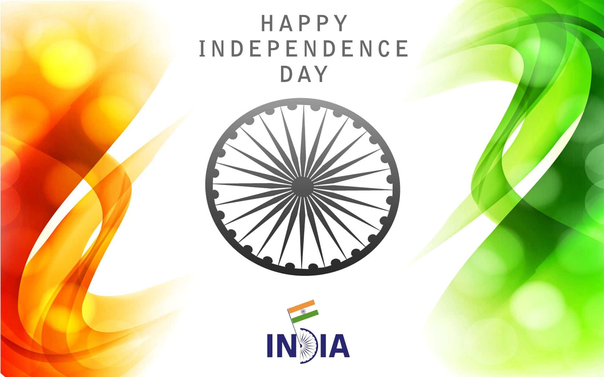 Independence Day 桌布 壁紙 — 慶祝印度獨立日的圖形，以阿育王法輪為中心，兩側是流動的藏紅花和綠色波浪，帶有文字和旗幟。