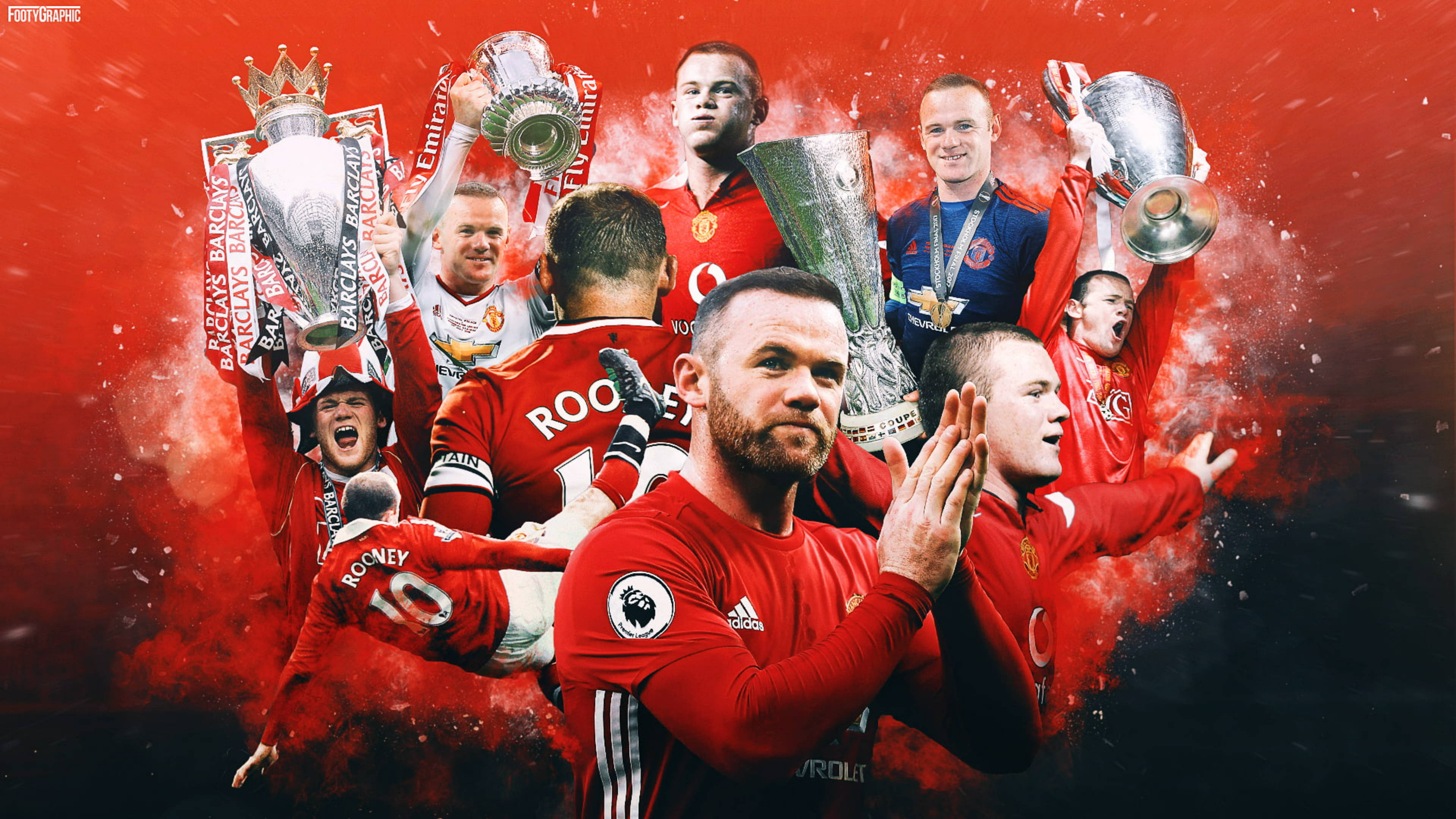 Rooney 桌布 壁紙 — 慶祝曼聯足球員身穿紅色球衣，在火紅背景下勝利地高舉獎盃。