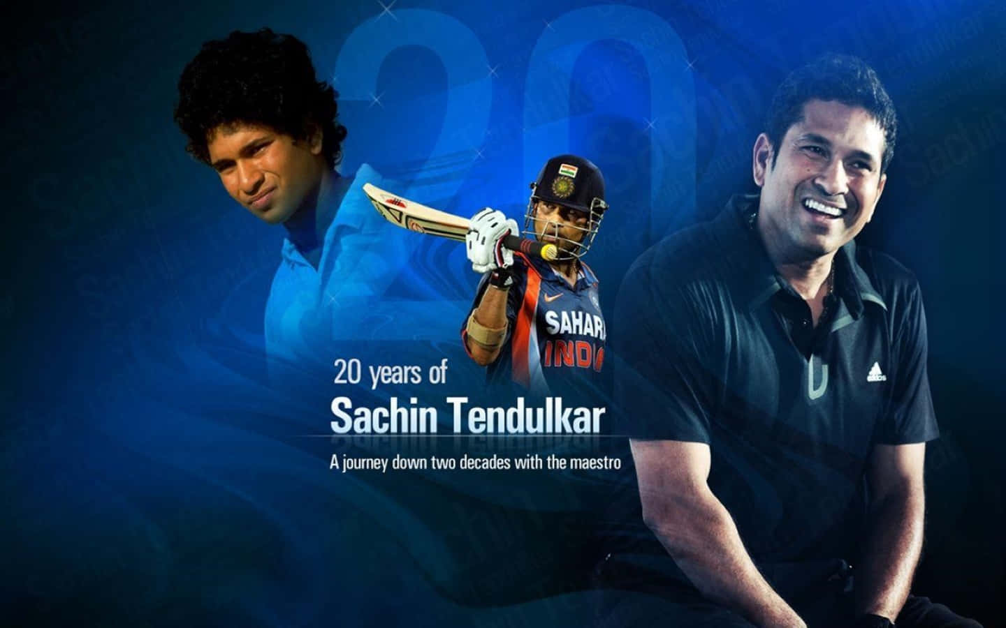 Sachin Tendulkar 桌布 壁紙 — 慶祝板球傳奇人物薩欽·坦杜卡在深藍色抽象背景下的動作和自然照片的肖像。