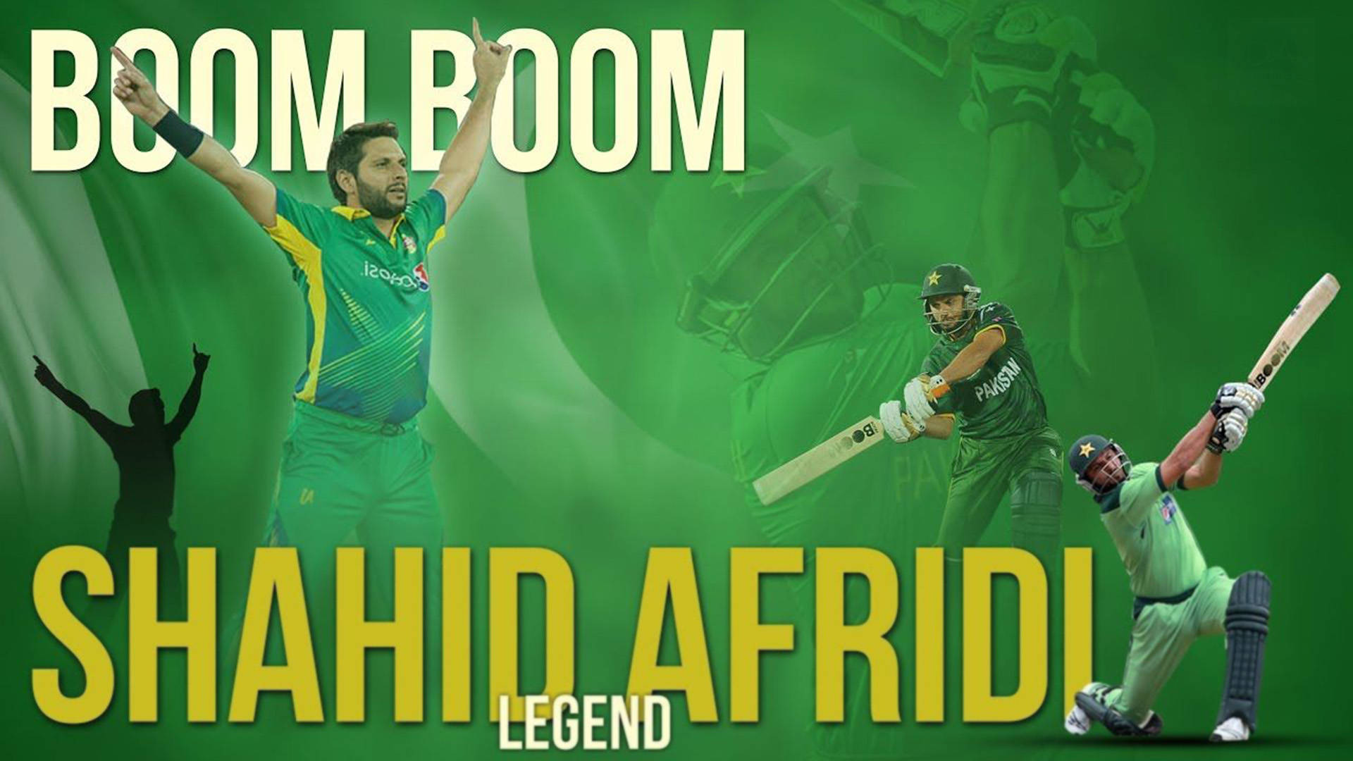 巴基斯坦板球 桌布 壁紙 — 慶祝板球海報，以綠色制服的 Shahid Afridi 和 'BOOM BOOM' 文字為特色，背景是充滿活力的綠色。