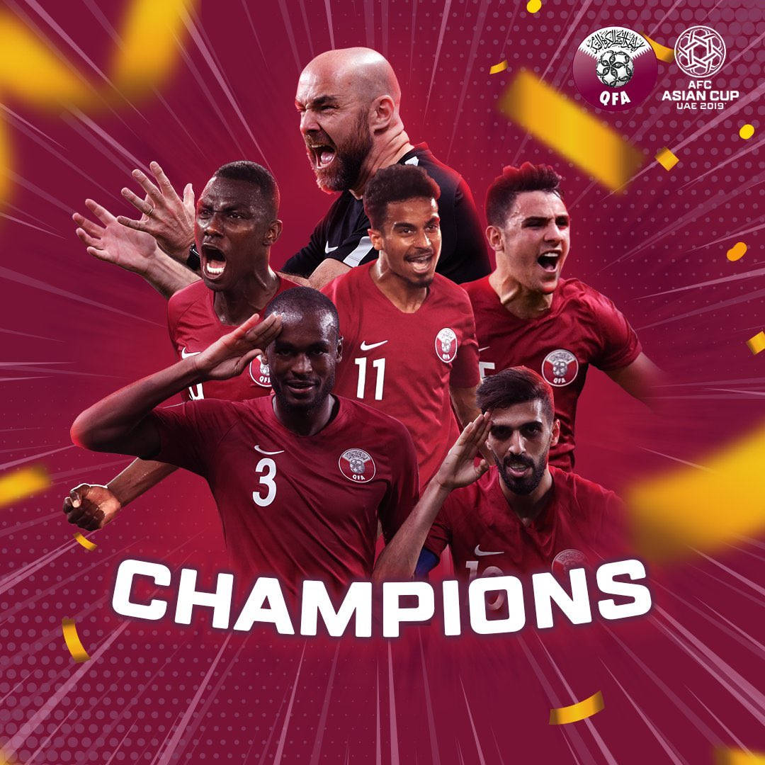 Qatar 桌布 壁紙 — 慶祝身穿紅色球衣的足球冠軍，在動態的栗色背景上爆出五彩紙屑。