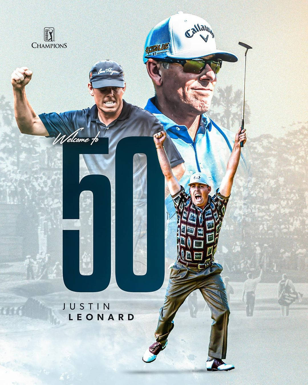 高爾夫 桌布 壁紙 — 慶祝高爾夫球手賈斯汀·里安納在大型「50」圖形周圍擺出三個勝利姿勢的拼貼畫。