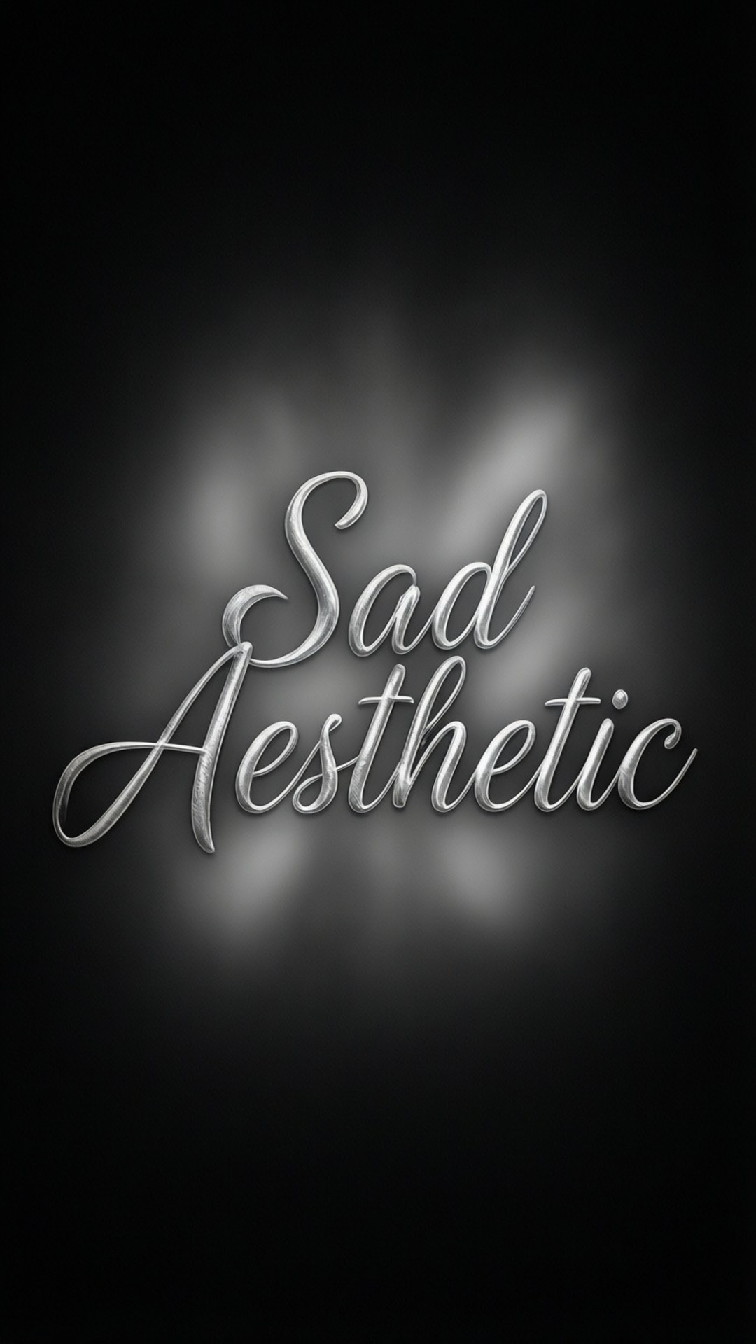 憂鬱美學字體 壁紙 — 閃爍的銀色草書文字「Sad Aesthetic」在深色漸變背景上柔柔發光。