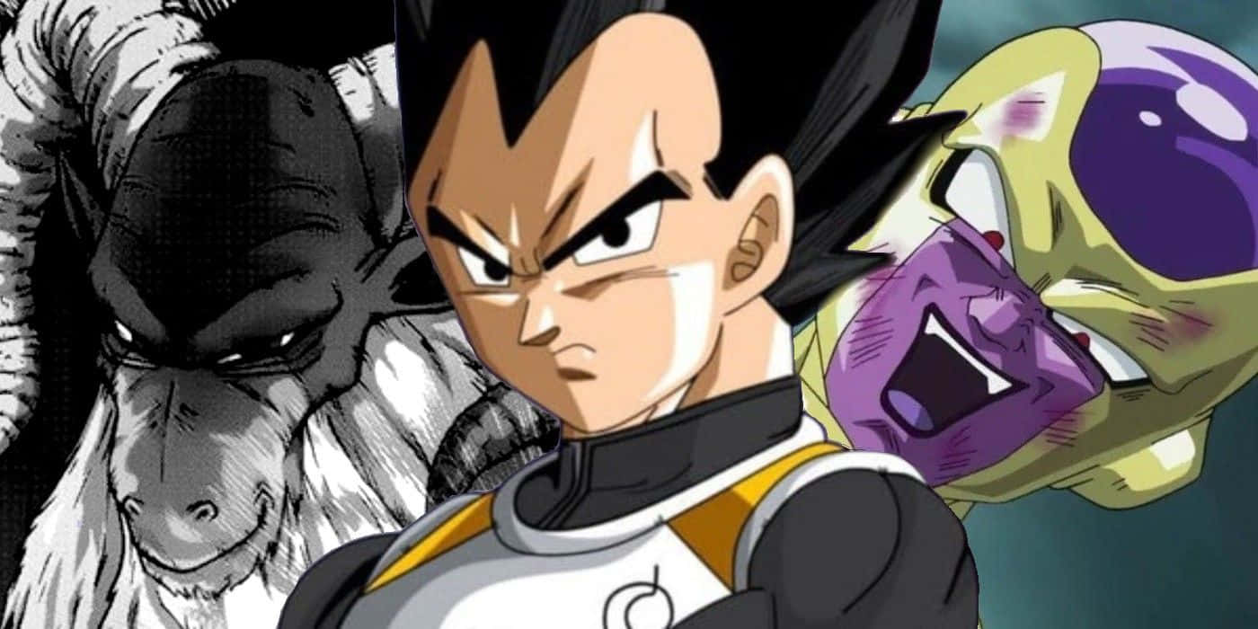 Vegeta And Frieza 桌布 壁紙 — 憤怒的動漫戰士達爾站在中央，身後有威脅性的對手弗利沙和黑白猩猩。