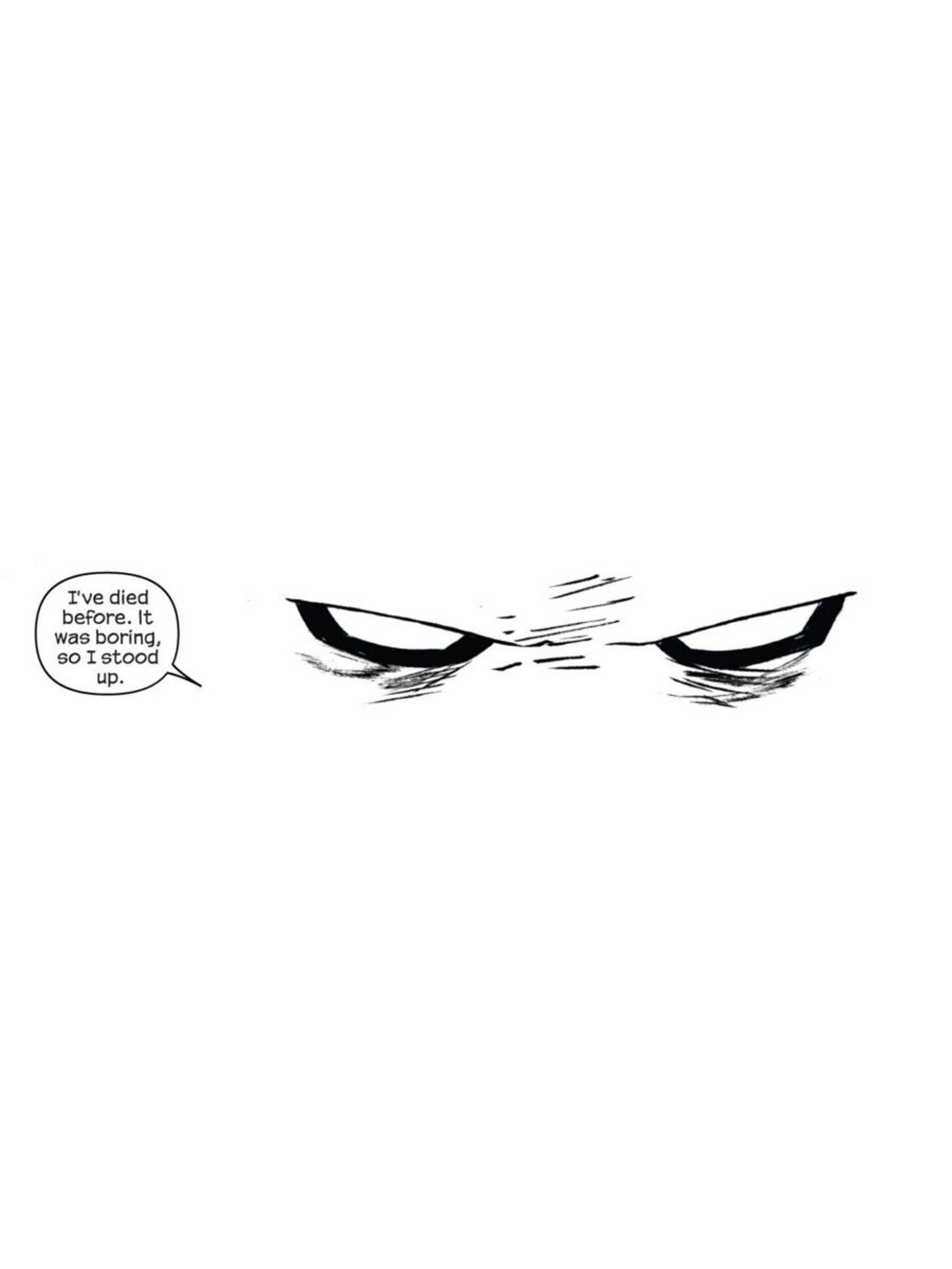 Moon Knight 桌布 壁紙 — 憤怒的動漫眼睛，帶有銳利的線條和一個對話氣泡，上面寫著「我以前死過。很無聊，所以我站了起來。」