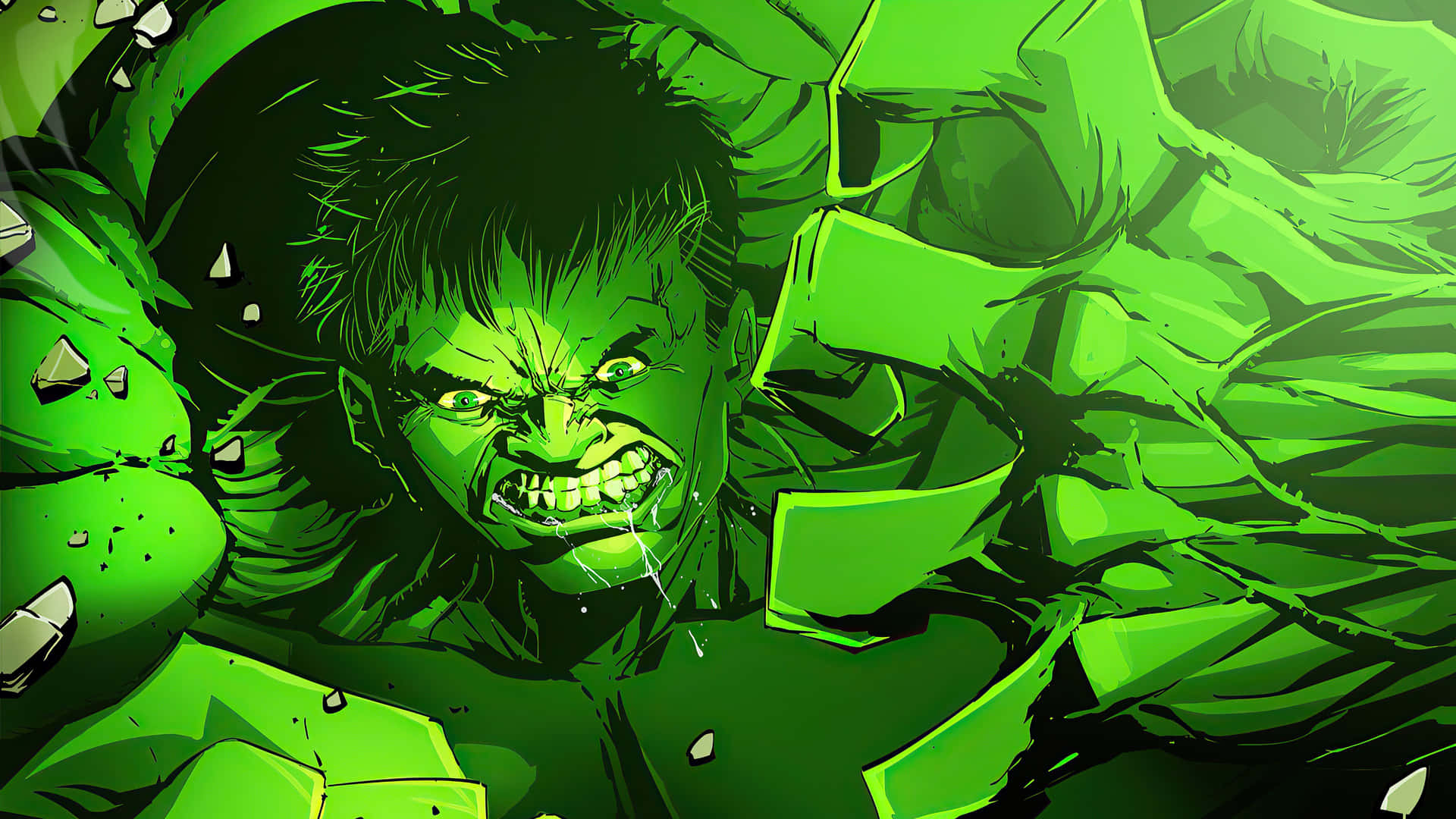 浩克 桌布 壁紙 — 憤怒的綠色浩克（Hulk）咬緊牙關、肌肉緊繃，以動態漫畫風格撕開混凝土。