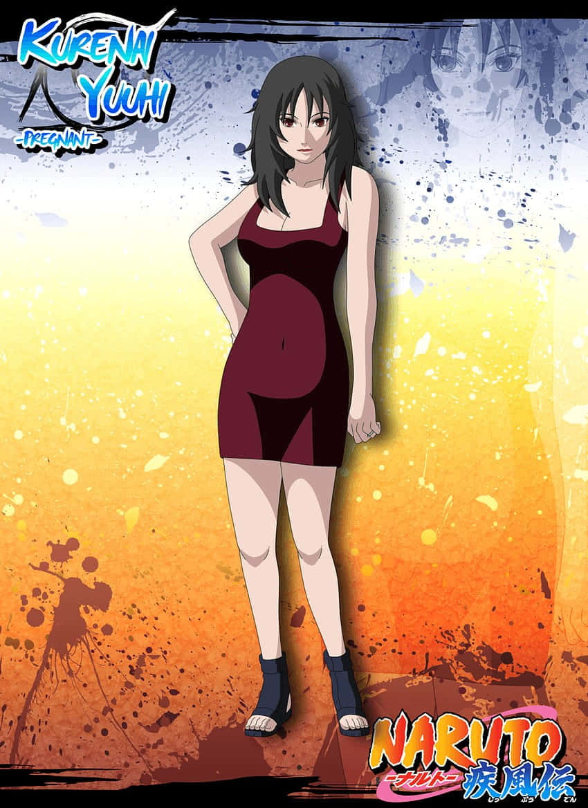 Kurenai Yuhi 桌布 壁紙 — 懷孕的動漫角色紅夕日自信地穿著栗色連衣裙，站在充滿活力的橙黃色潑濺背景前。