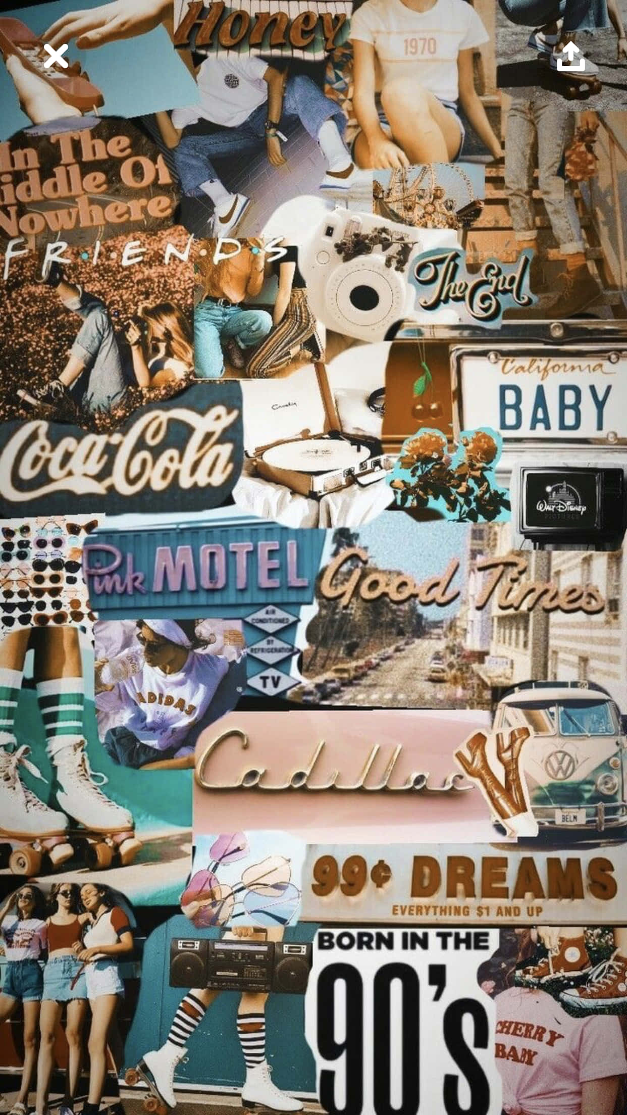 Vintage Collage 桌布 壁紙 — 懷舊90年代拼貼桌布，以溫暖色調呈現復古圖標，如可口可樂復古汽車和《六人行》語錄。