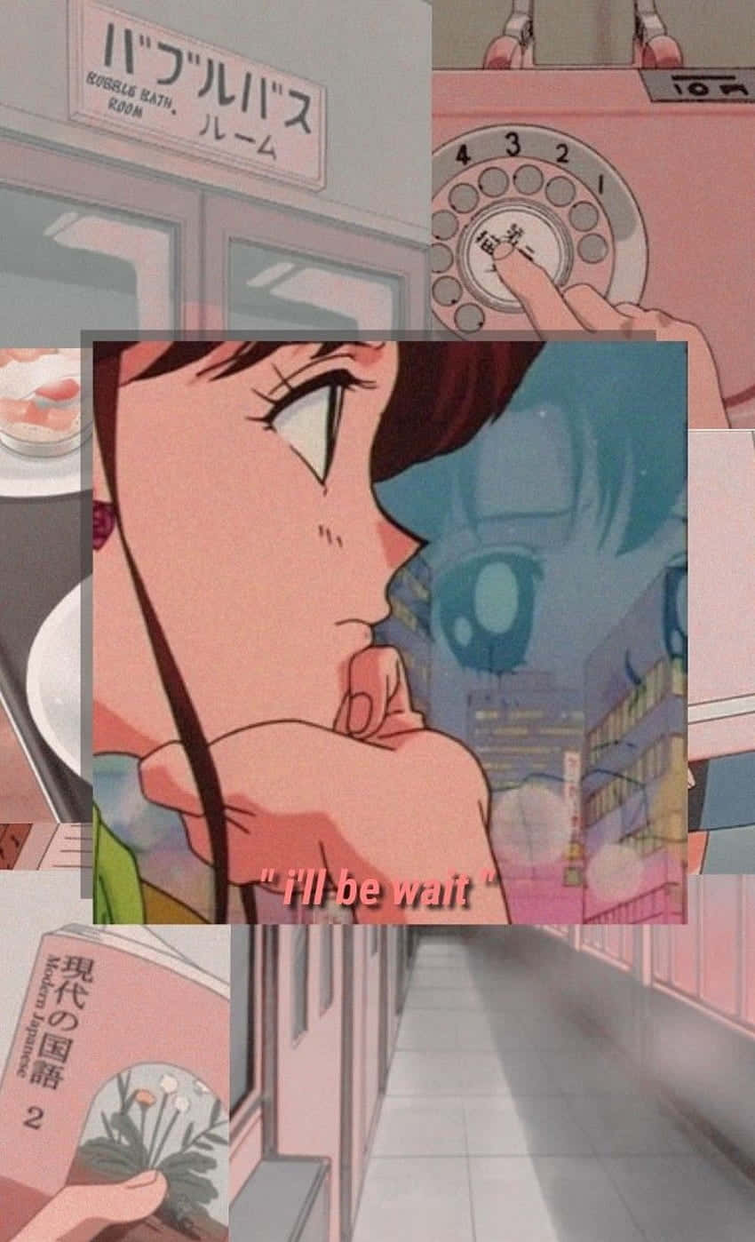 Retro 桌布 壁紙 — 懷舊動漫拼貼畫，女孩在粉紅色轉盤電話和泡泡浴標誌旁低語「我會等待」。