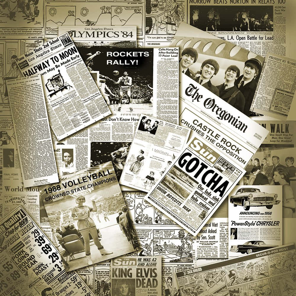 Newspaper 桌布 壁紙 — 懷舊拼貼，包含1960年代和1980年代的復古報紙剪報，以棕褐色調呈現體育、音樂、政治和流行文化頭條。