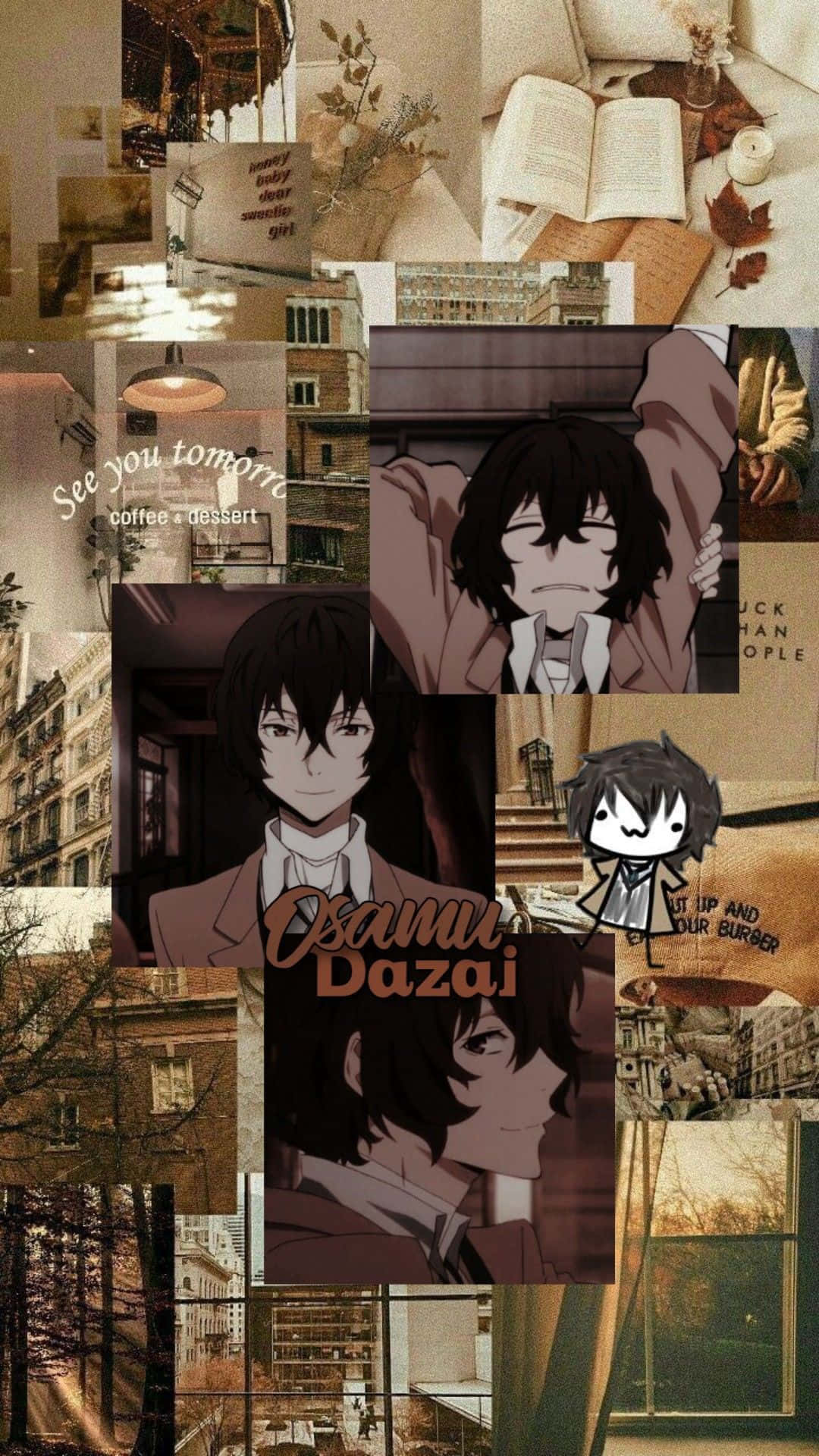文豪野犬 桌布 壁紙 — 懷舊拼貼畫，以溫暖的棕褐色調呈現動漫角色和復古城市場景。