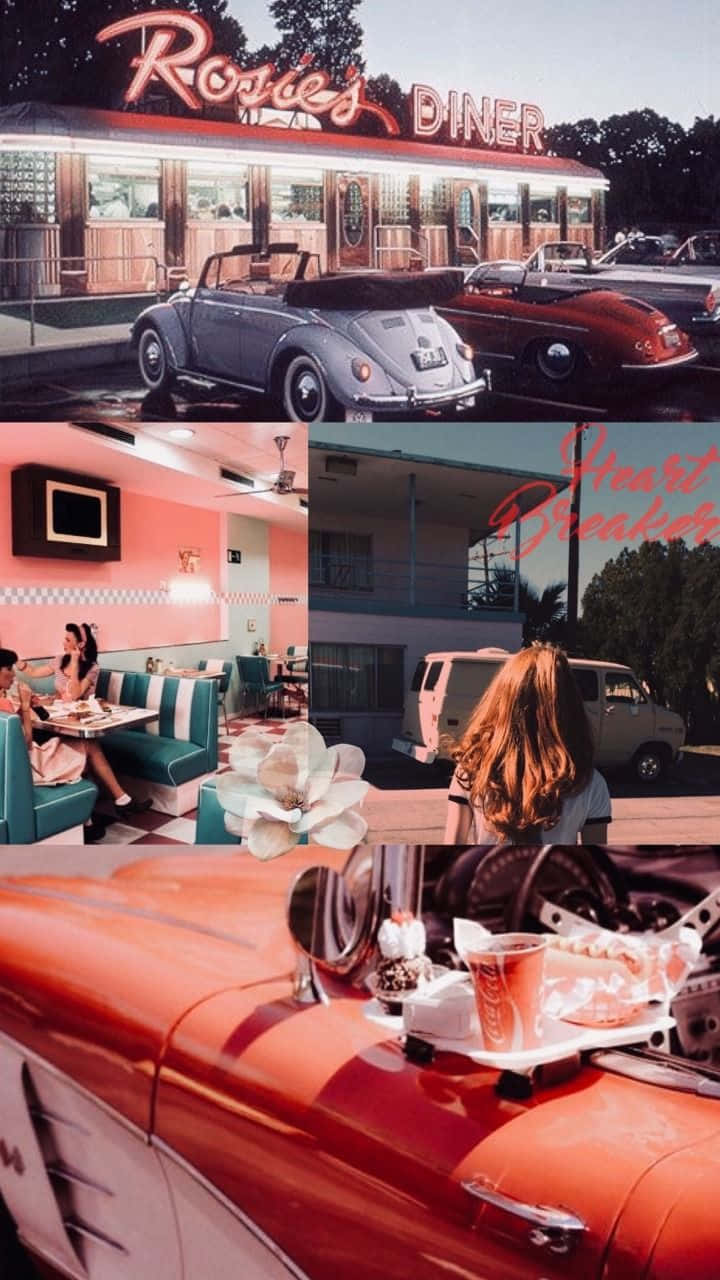60s Aesthetic 桌布 壁紙 — 懷舊拼貼畫，描繪一間復古餐廳，內有老爺車、粉紅色內部裝潢、顧客和一朵大花。