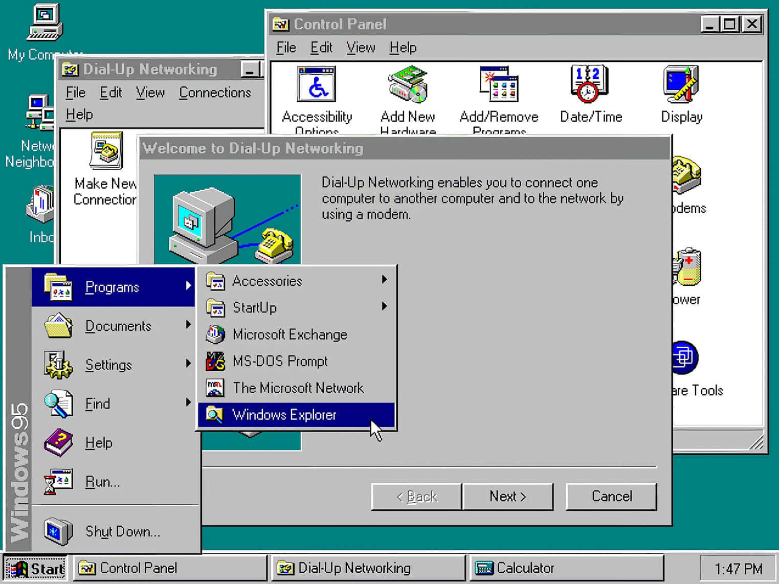 Windows 95 動態圖 桌布 壁紙 — 懷舊的 Windows 95 桌面，顯示撥號網路設定，帶有經典綠色介面和 1990 年代軟體圖示。